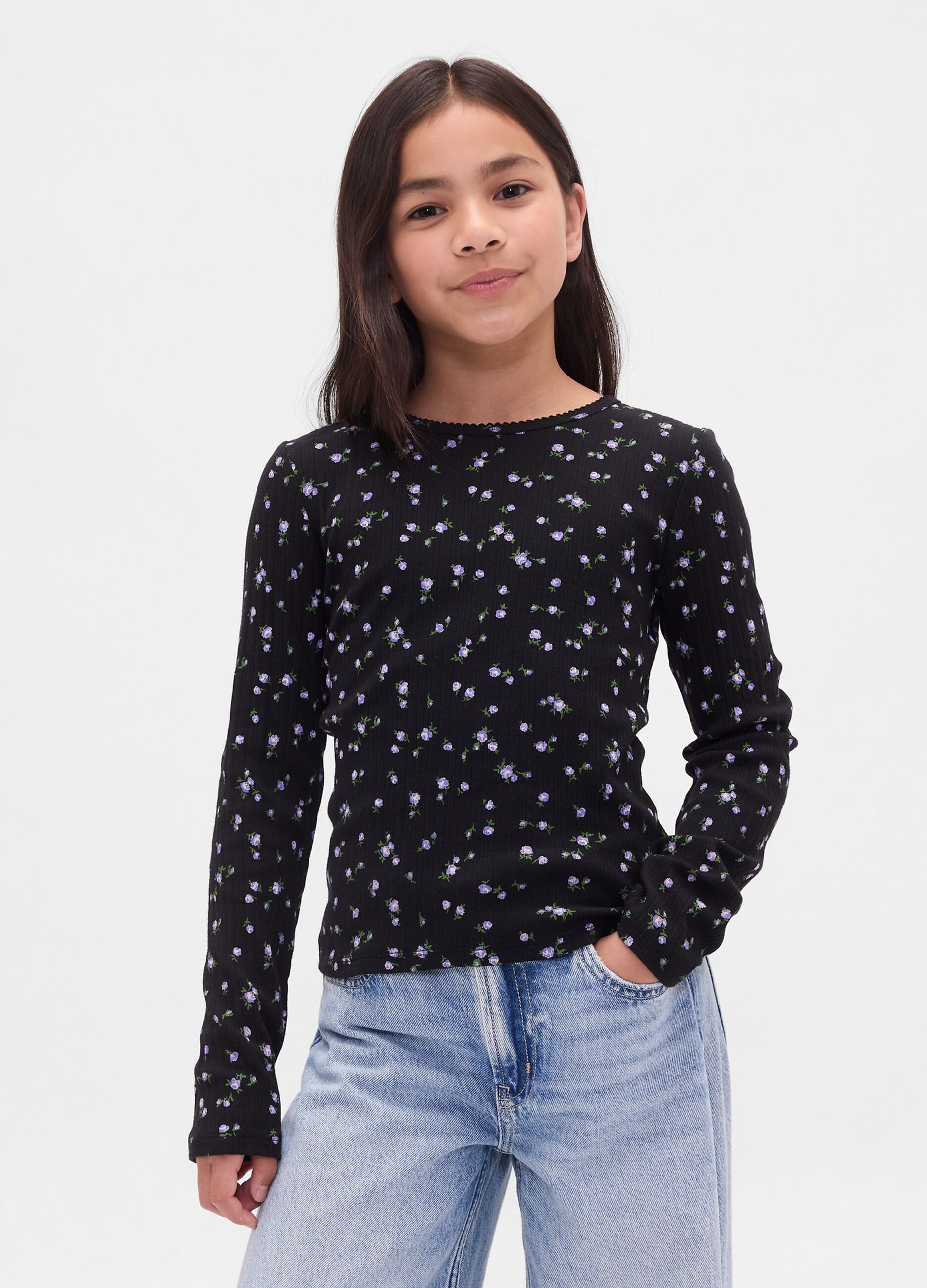 Long-sleeved black cotton shirt with floral print