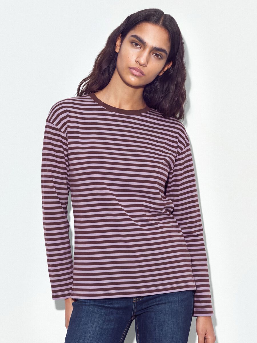 Purple striped pure cotton T-shirt with crew neck, relaxed fit_0