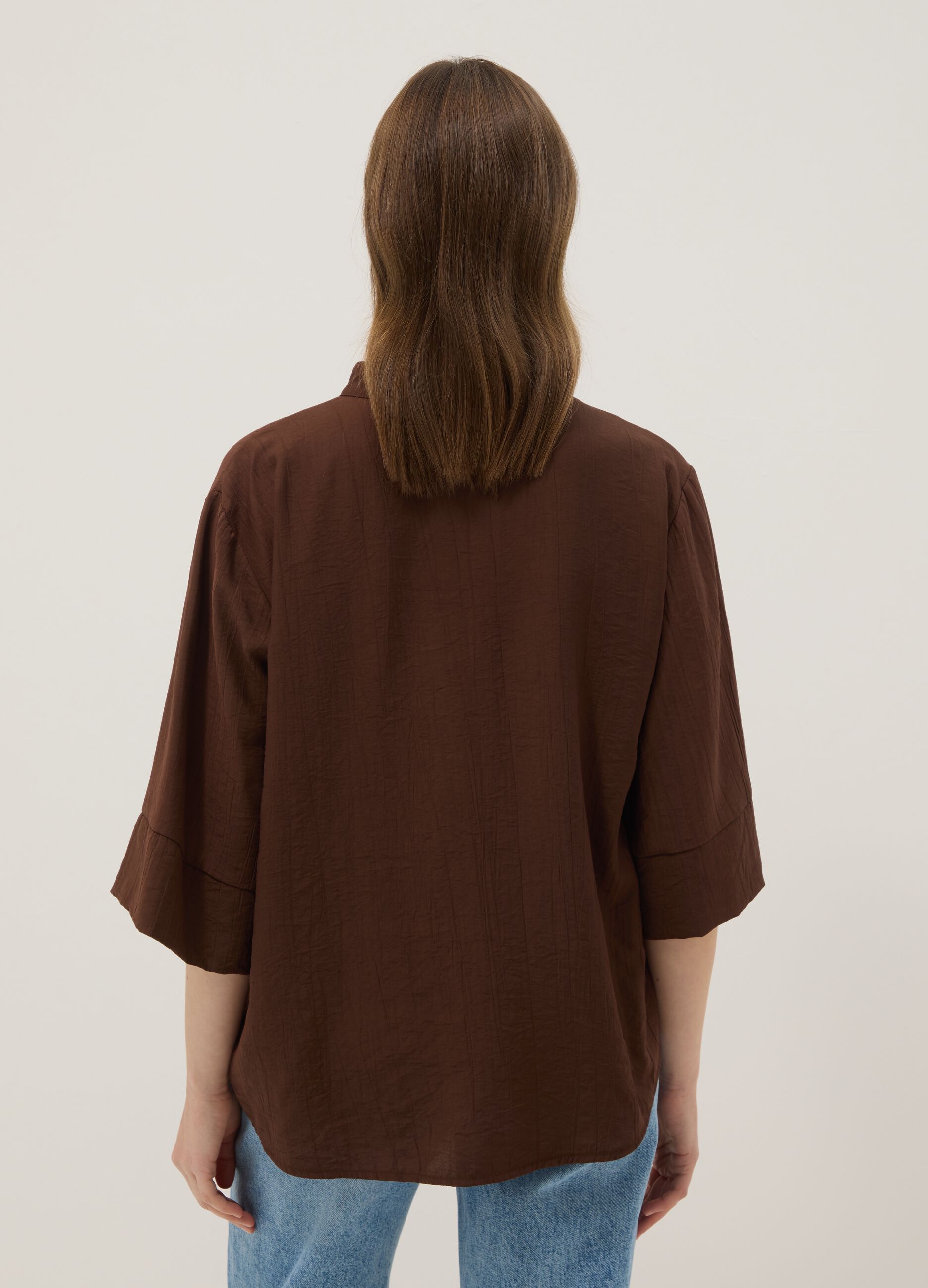 Brown viscose-blend regular-fit blouse with mandarin collar