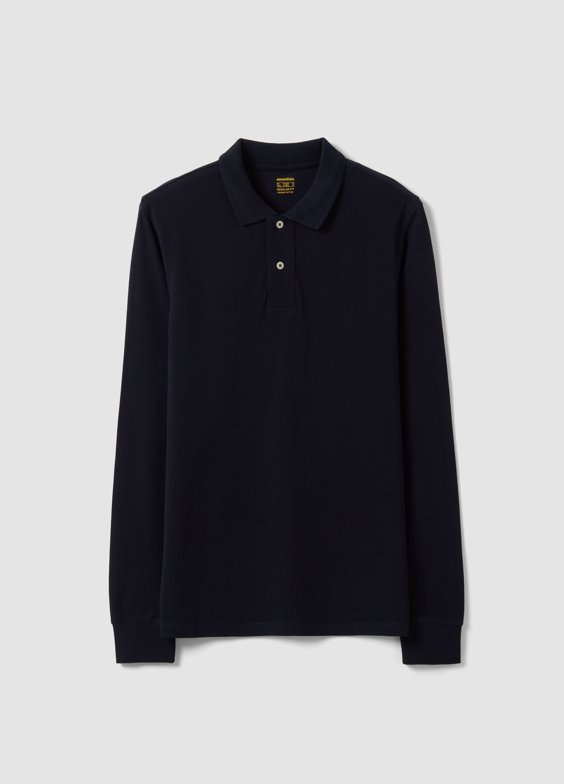 Polo azul de manga comprida regular fit em piqu&eacute; de algod&atilde;o org&acirc;nico puro