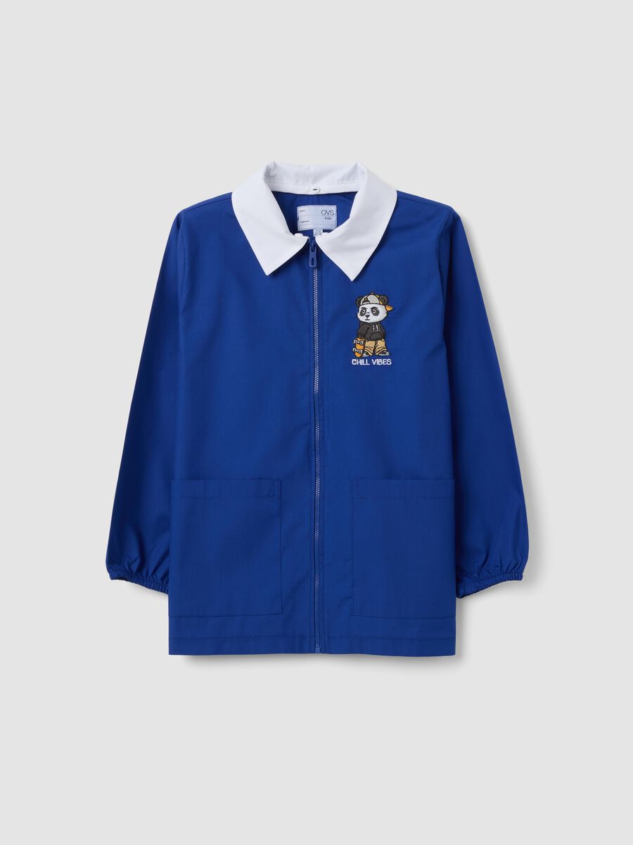 Blue school smock with zip and panda embroidery for boys_0