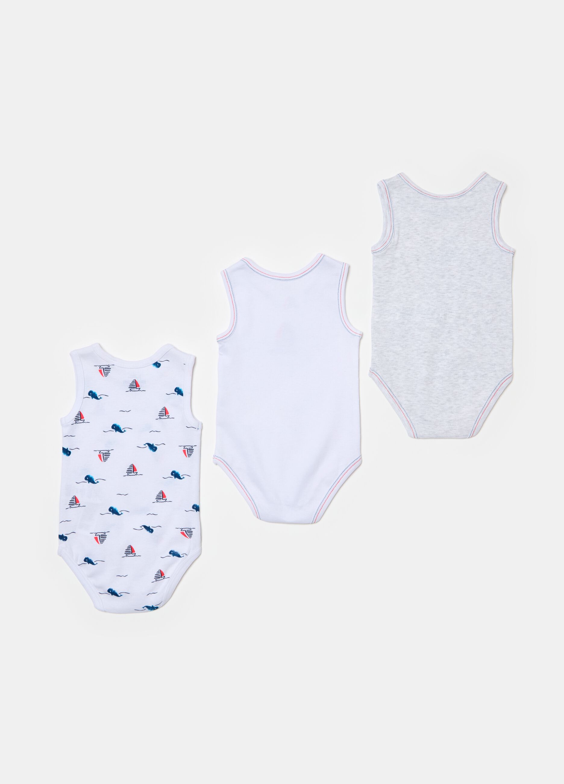 Three-pack bodysuits with whale and sail boat print