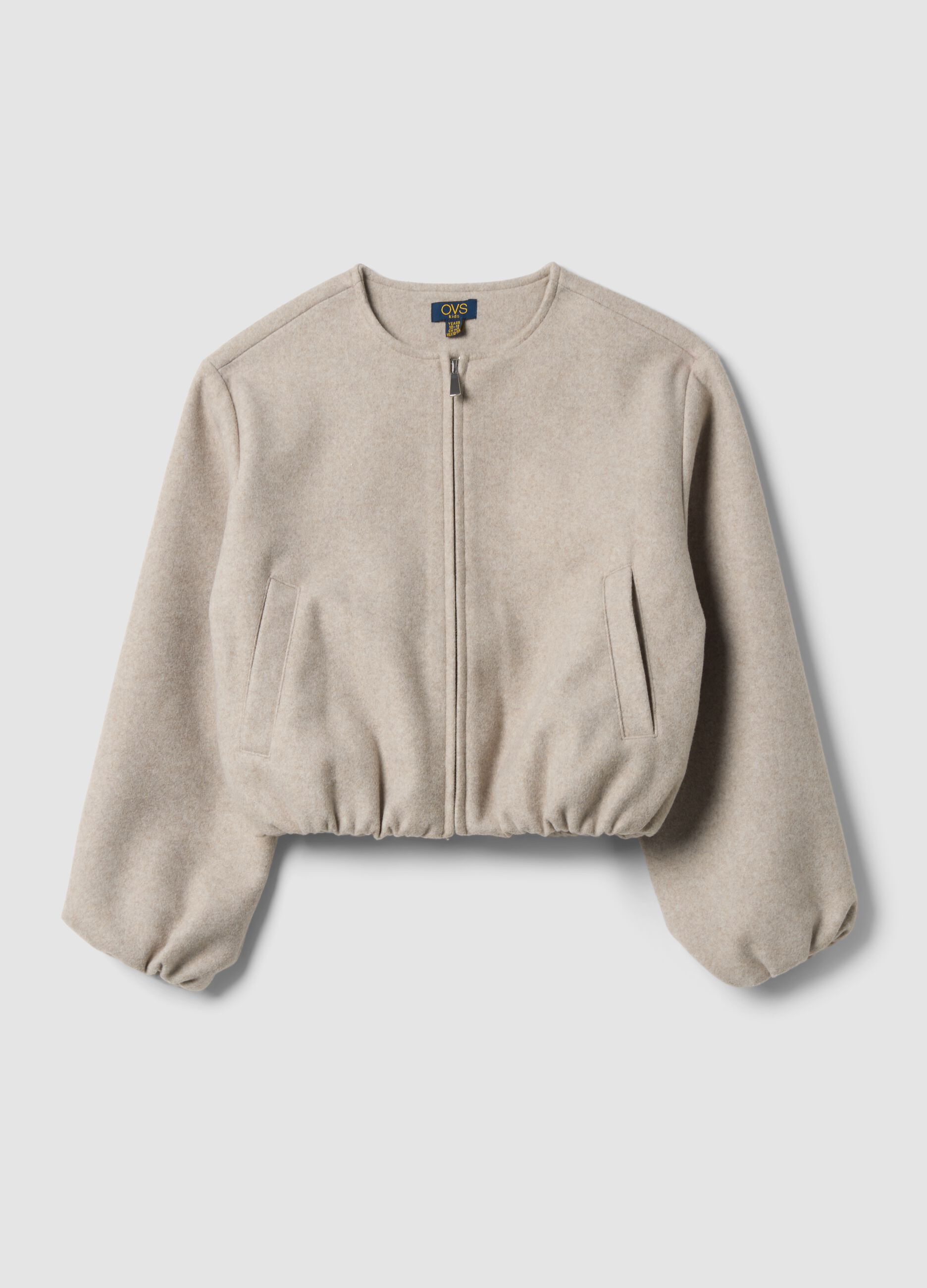 Short beige bomber jacket with zip for girls