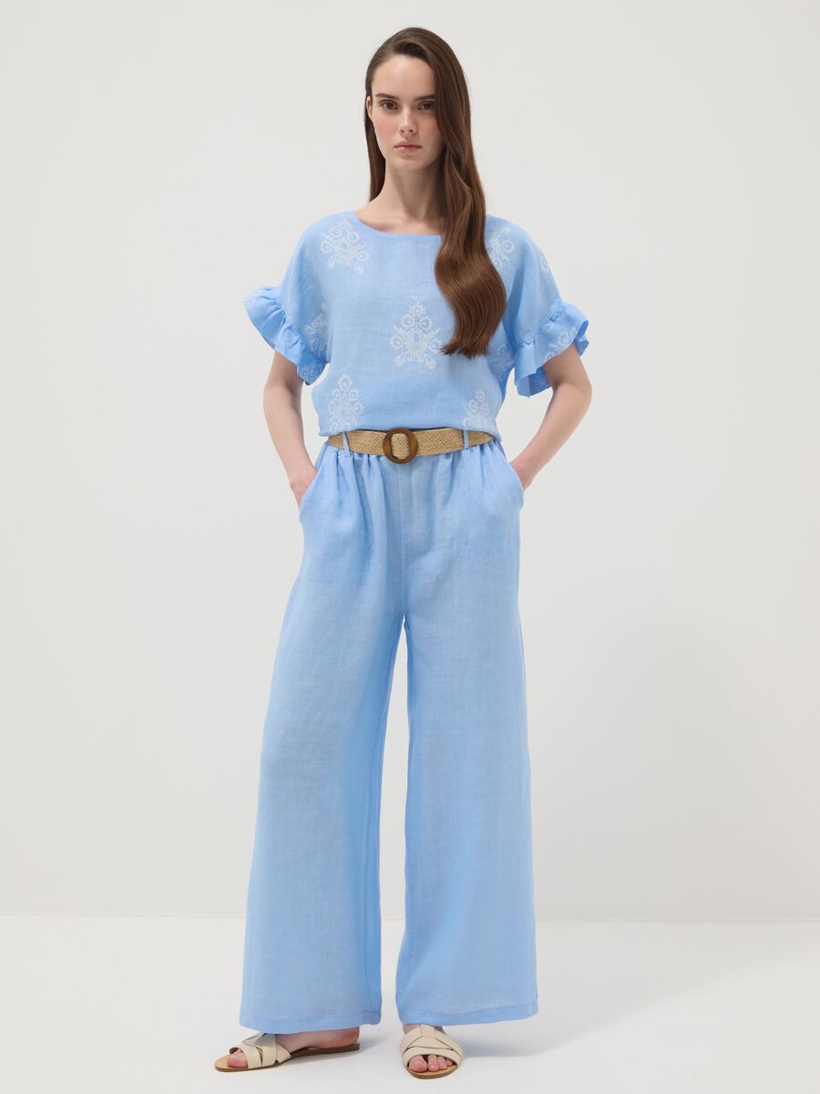 Hellblaue Wide-Leg-Hose aus reinem Leinen mit elastischem Bund_0