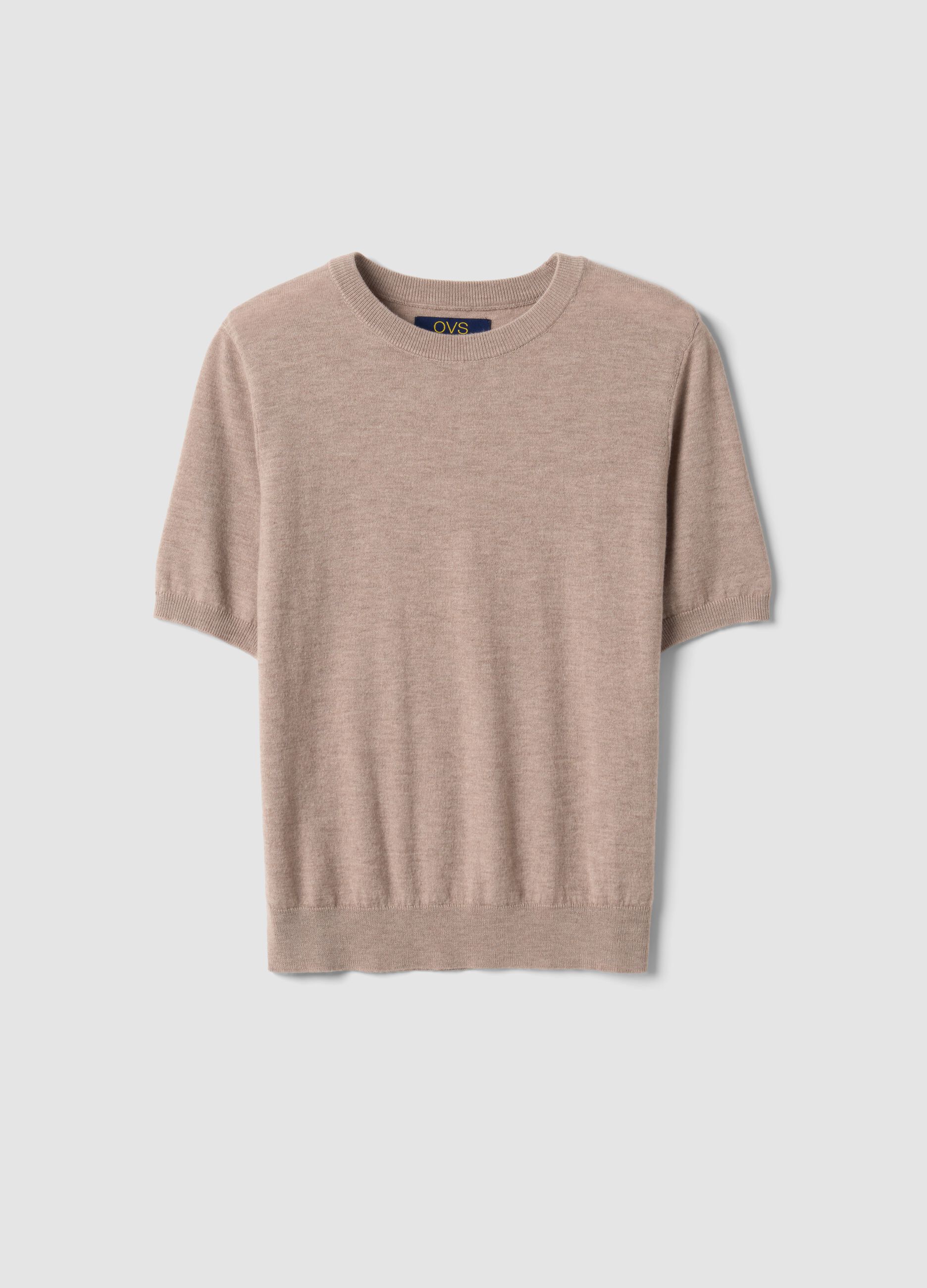 Beige short-sleeve crew-neck wool-blend jumper, regular fit