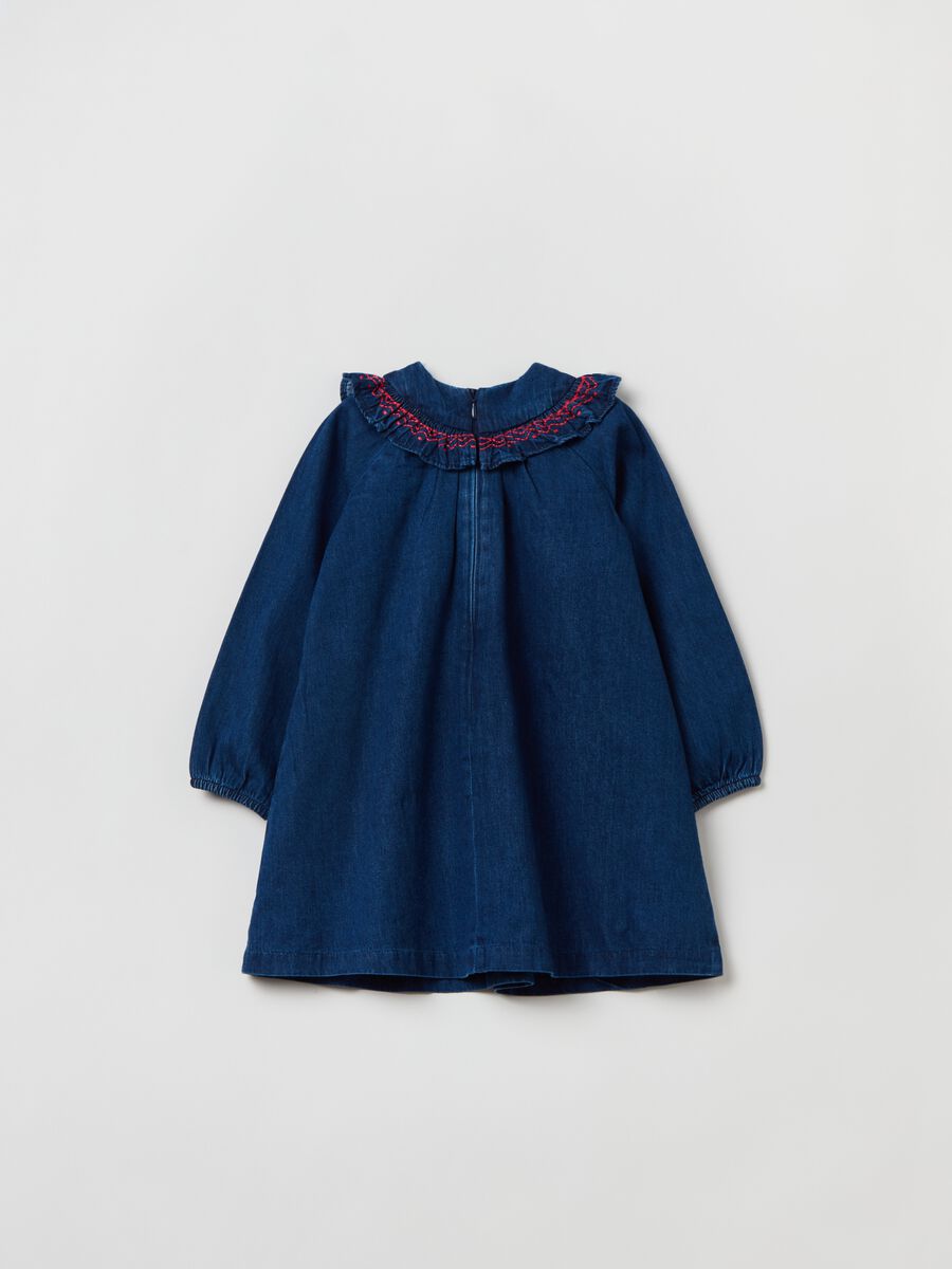 Denim dress with embroidery and flounce_1