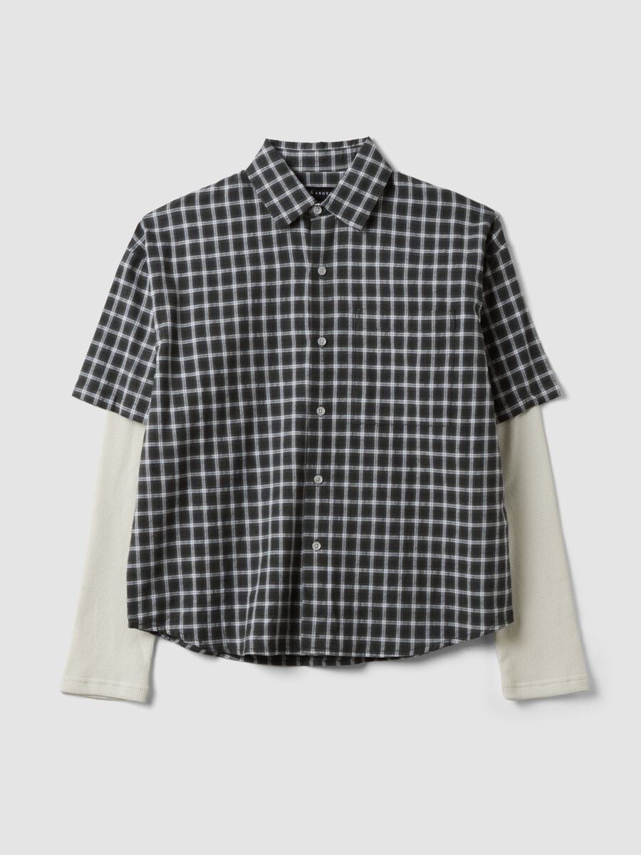 Black double-layer checked pure cotton poplin shirt, oversized fit_0