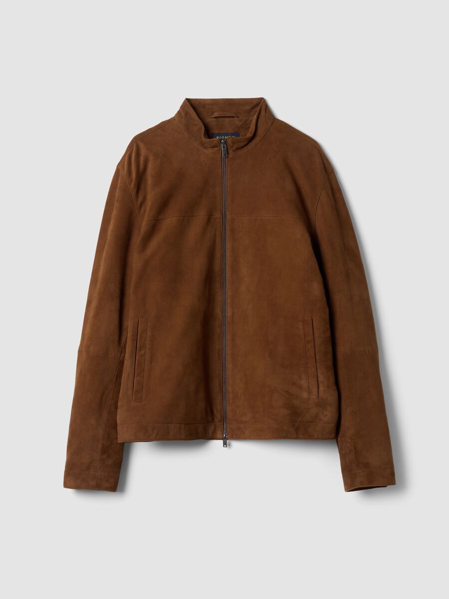 Brown genuine leather jacket with zip, regular fit_0
