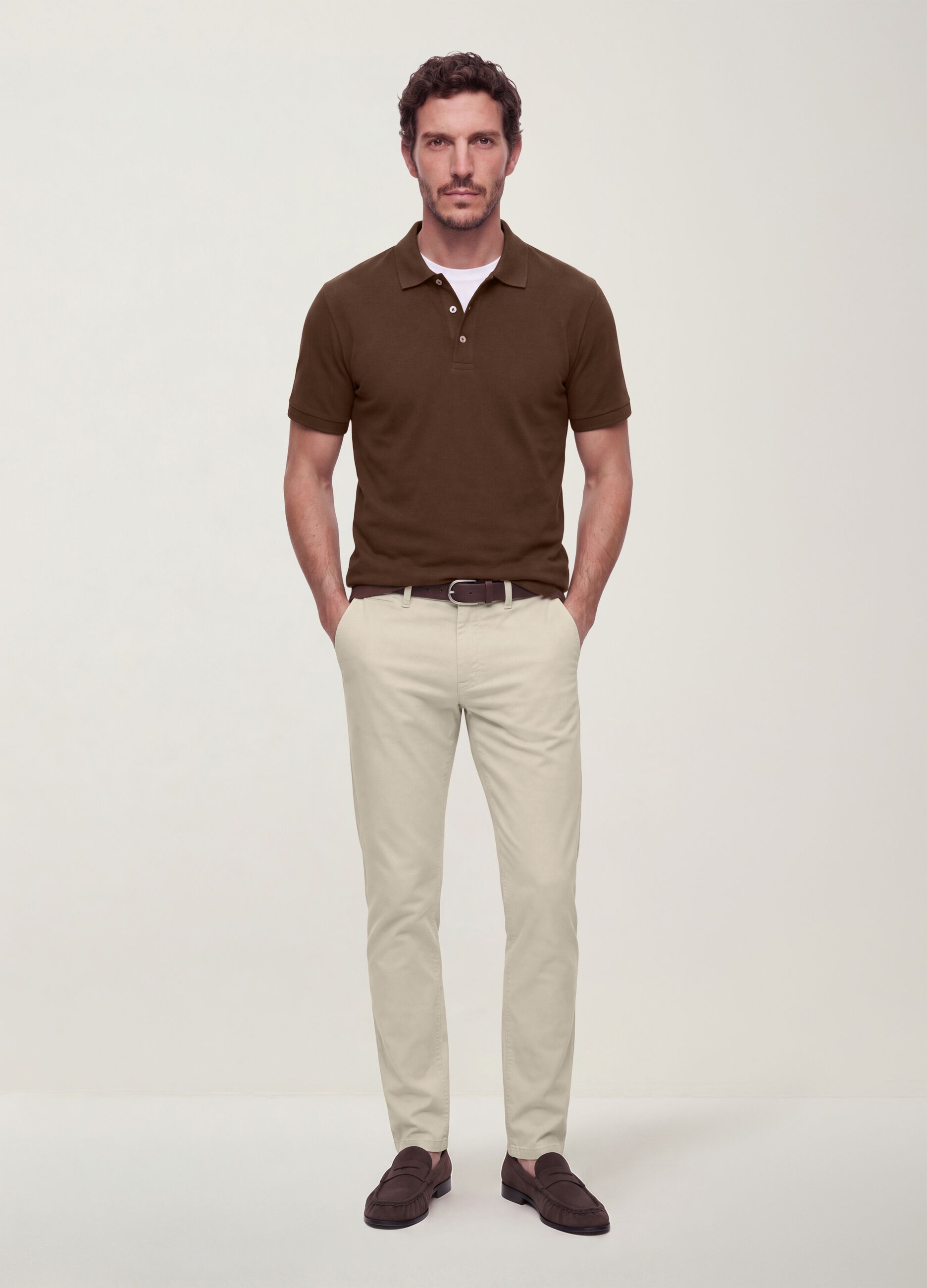 Beige Slim-Fit-Hose aus Stretch-Baumwolltwill