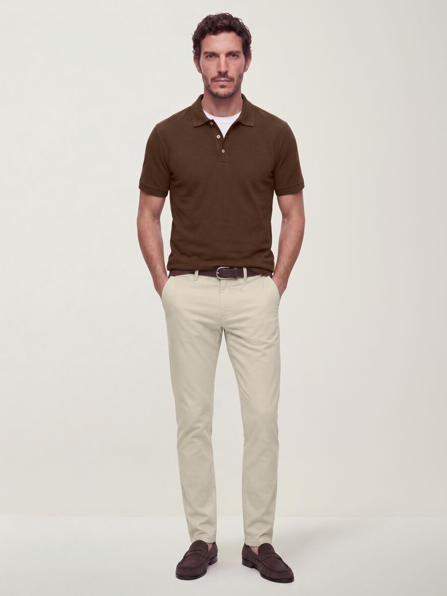 Beige slim-fit stretch cotton twill trousers_0