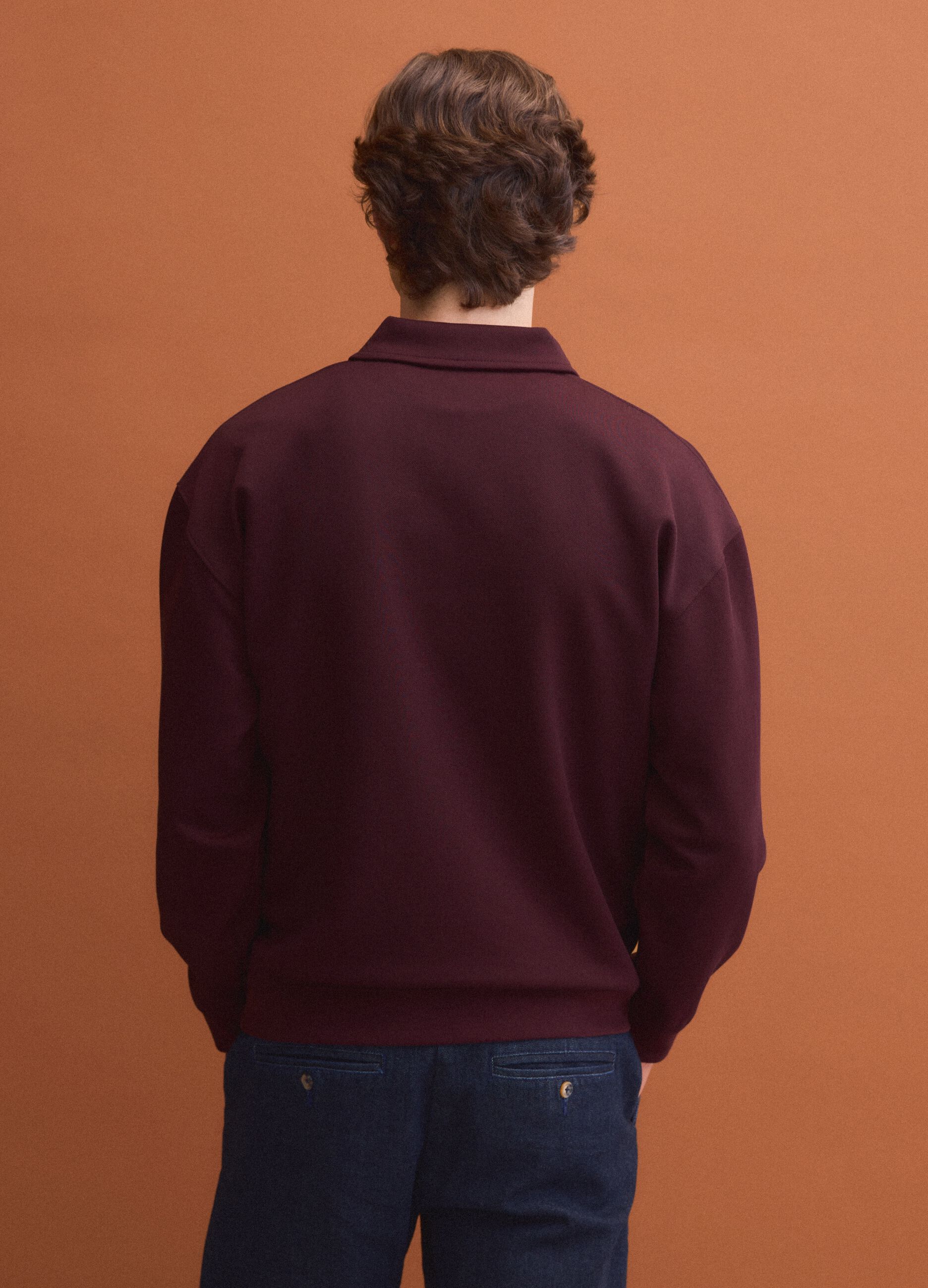 Brown stretch polo-collar sweatshirt, relaxed fit
