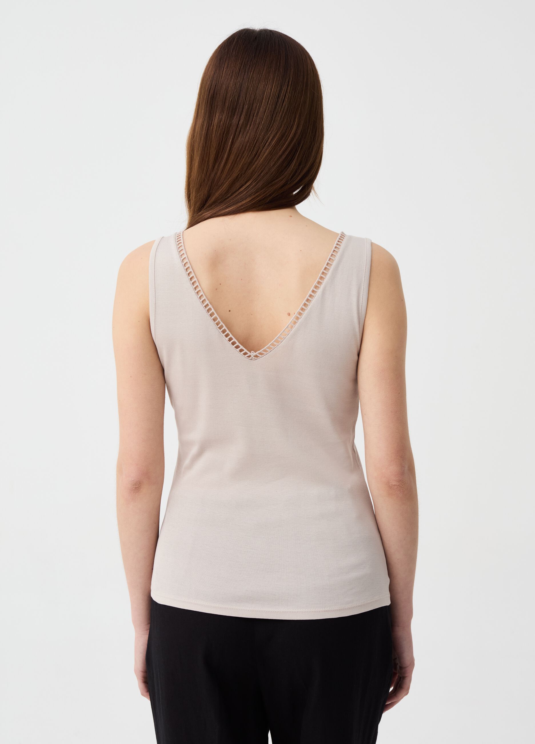 Tank top with V neck and openwork edging