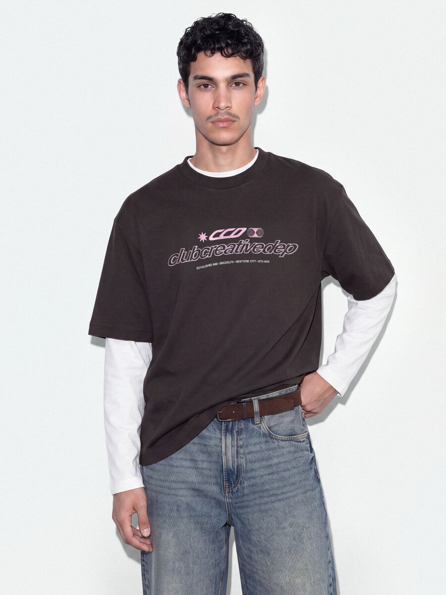 Brown cropped pure cotton T-shirt with front print, boxy fit_1