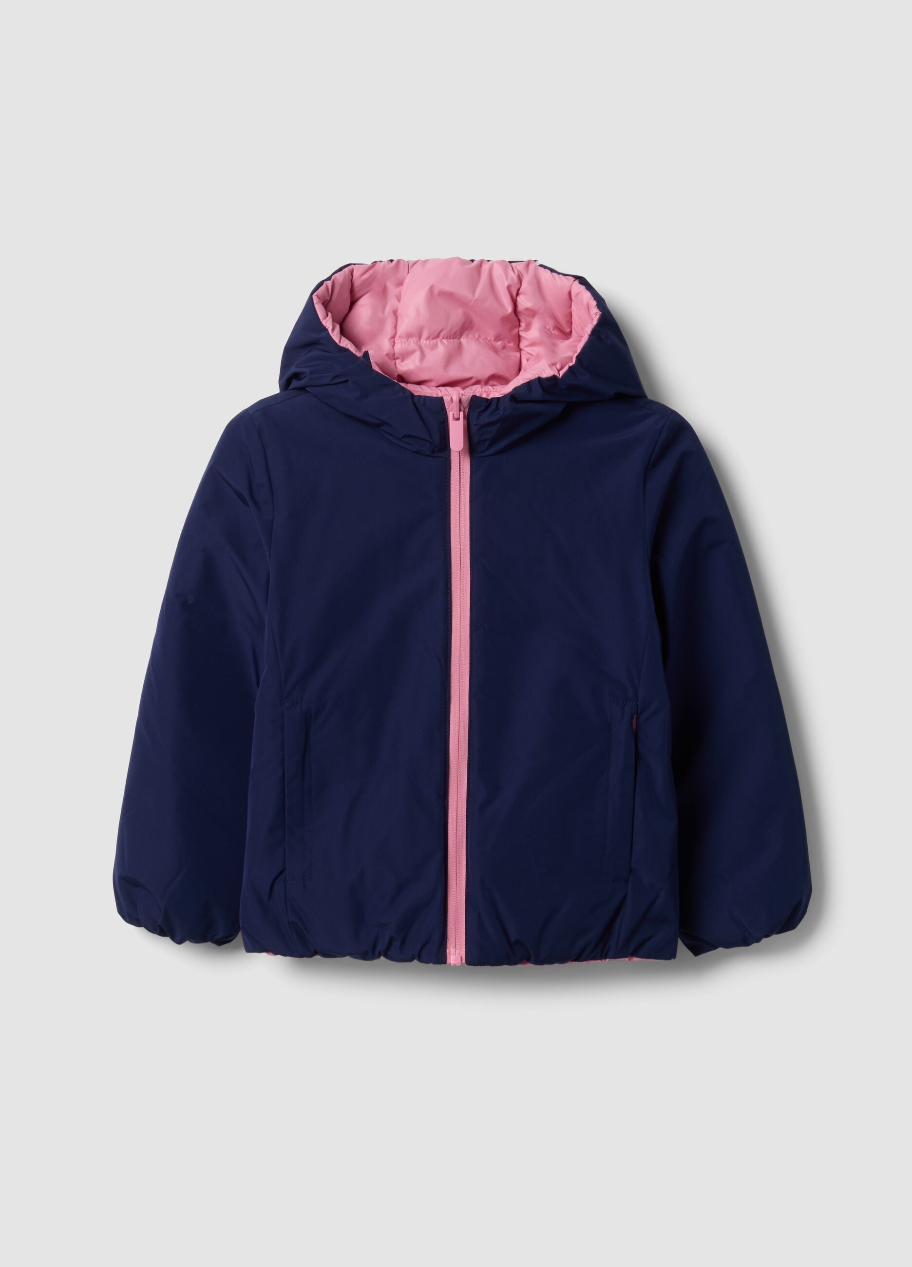 Giubbotto Ultralight reversibile blu imbottito con cappuccio per bambina