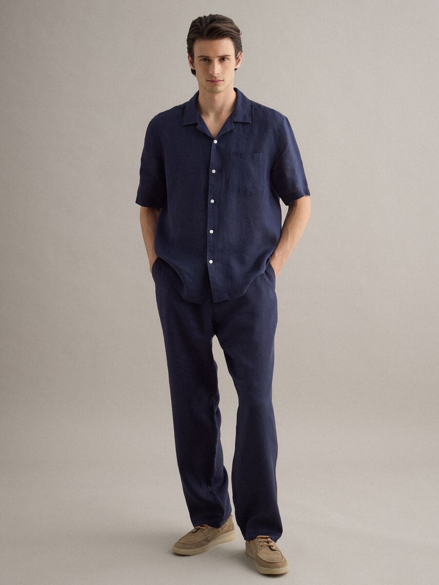 Blue short sleeve pure linen regular fit shirt with chest pocket_1