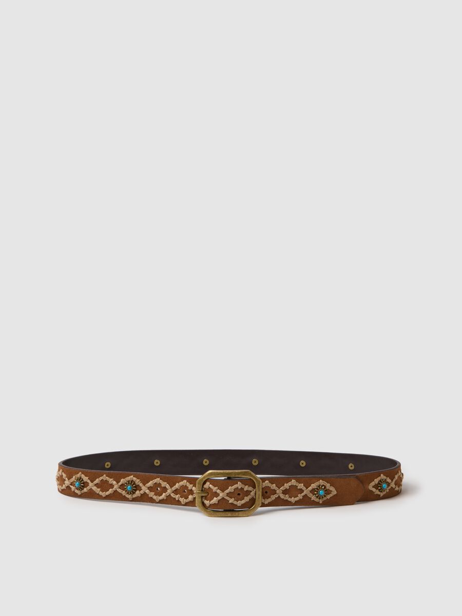 Multicolor genuine leather belt with embroidery and golden buckle_0