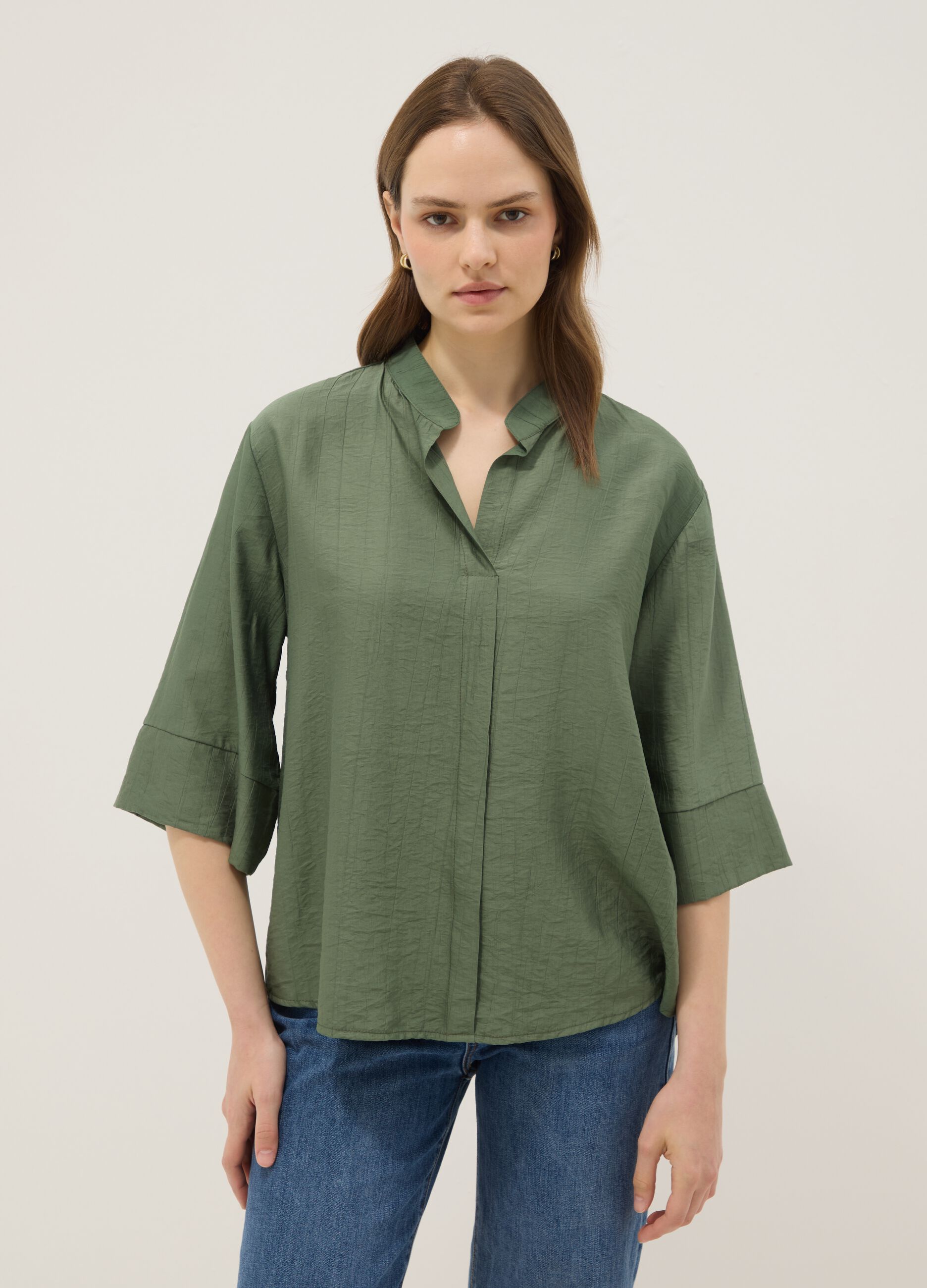 Green viscose-blend regular-fit blouse with Mandarin collar