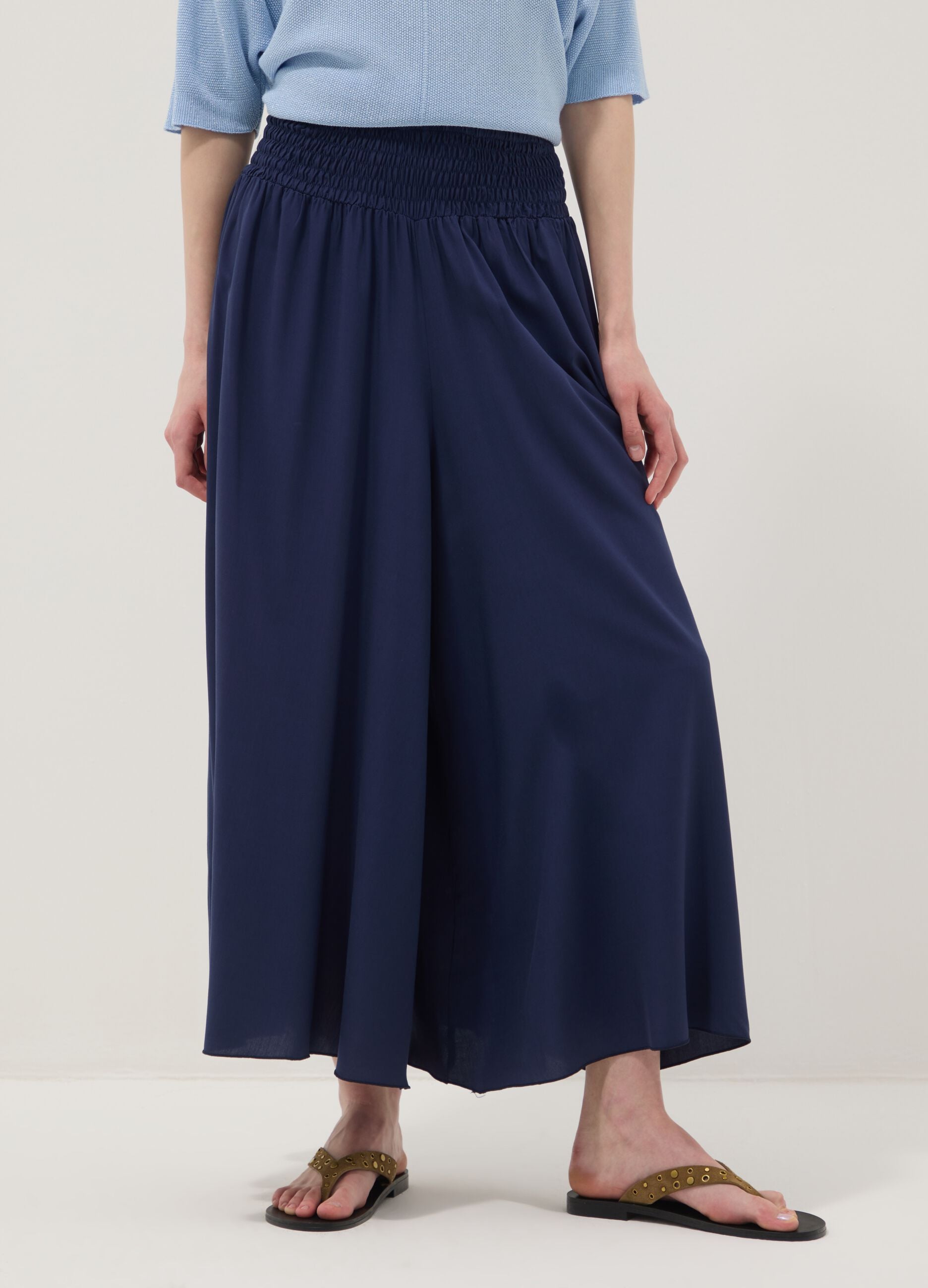 Weite blaue Hose aus reiner Viskose mit elastischem Bund, Regular Fit