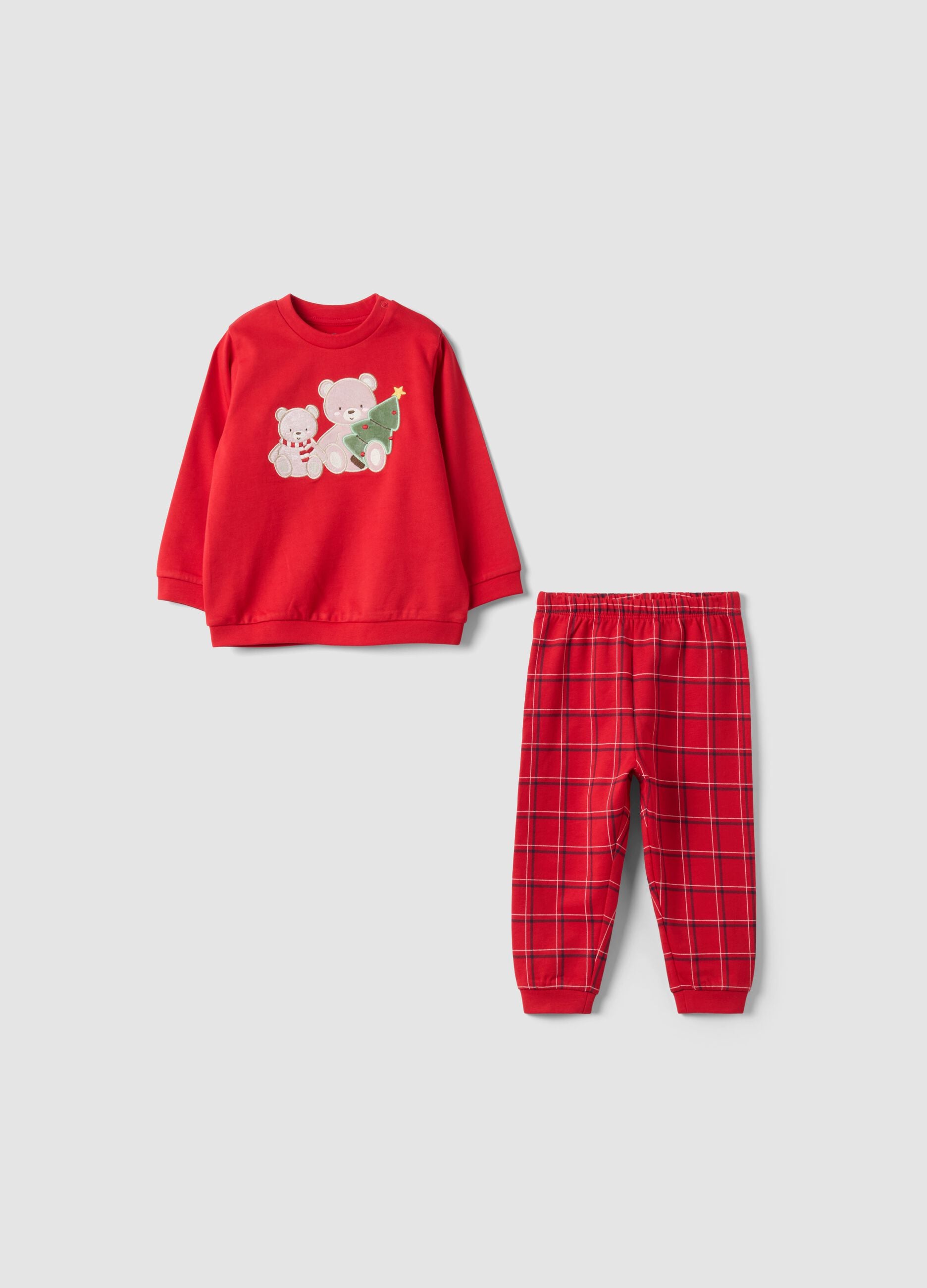 Red crew-neck Christmas pure cotton fleece pyjamas