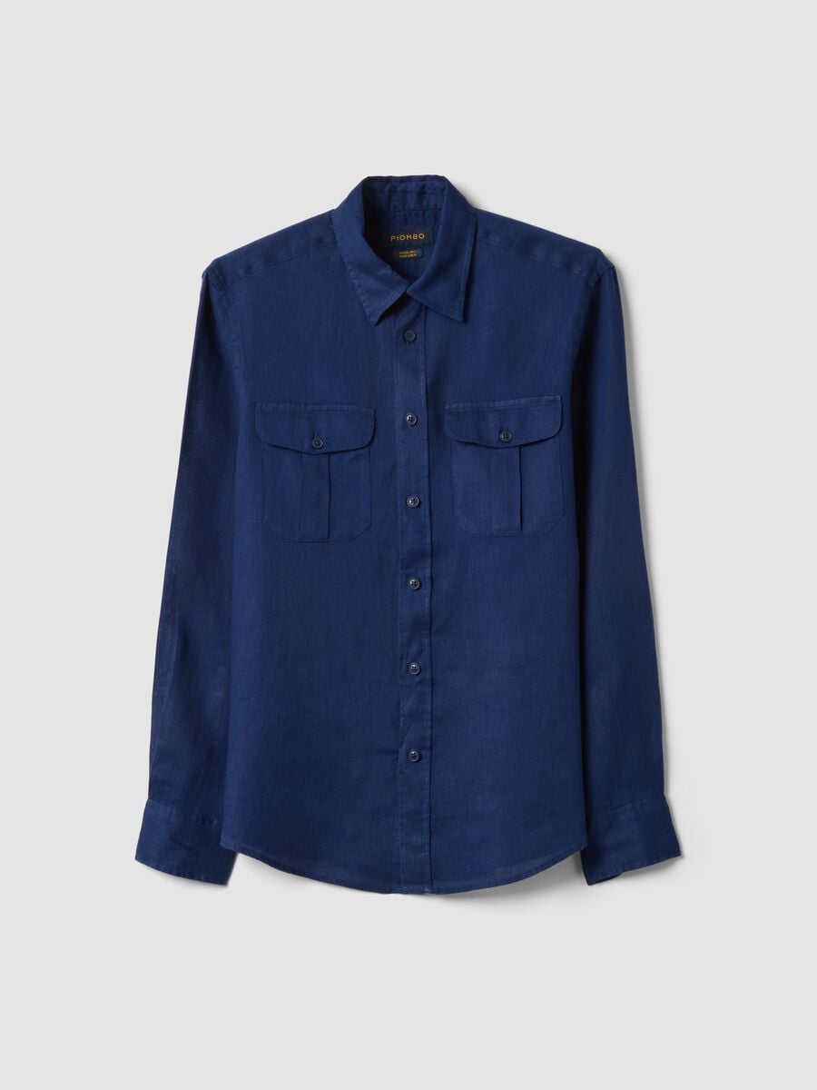 Blue regular-fit pure linen shirt with double pocket_5