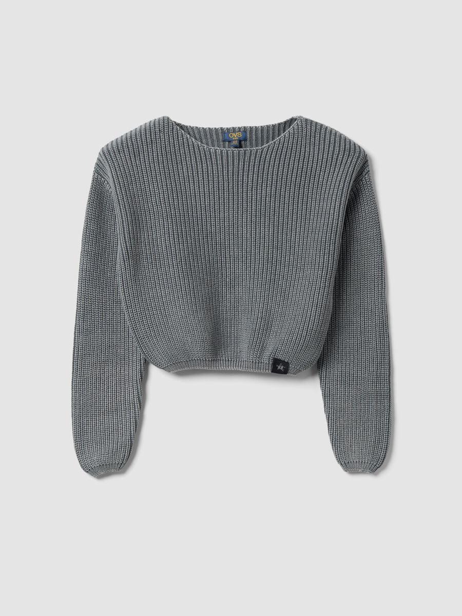 Graues Rippstrick-Shirt aus reiner Baumwolle mit U-Boot-Ausschnitt f&uuml;r M&auml;dchen_0