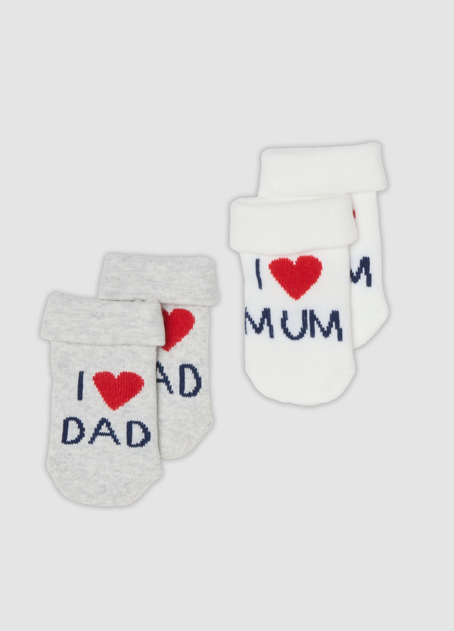 2-pack white and grey organic stretch cotton socks with lettering