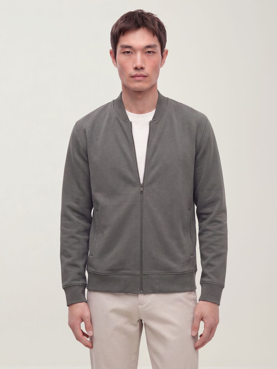 Grey full-zip piqu&eacute; sweatshirt in stretch fabric with ribbed collar_0