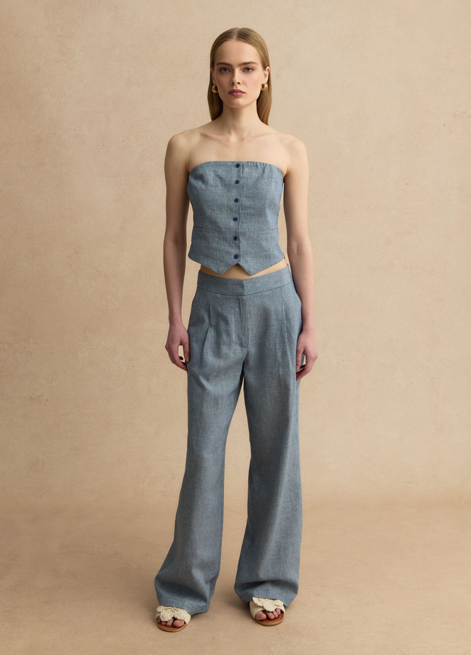 Slim-Fit Korsett aus Leinenmix mit weiss-blauem Karomuster