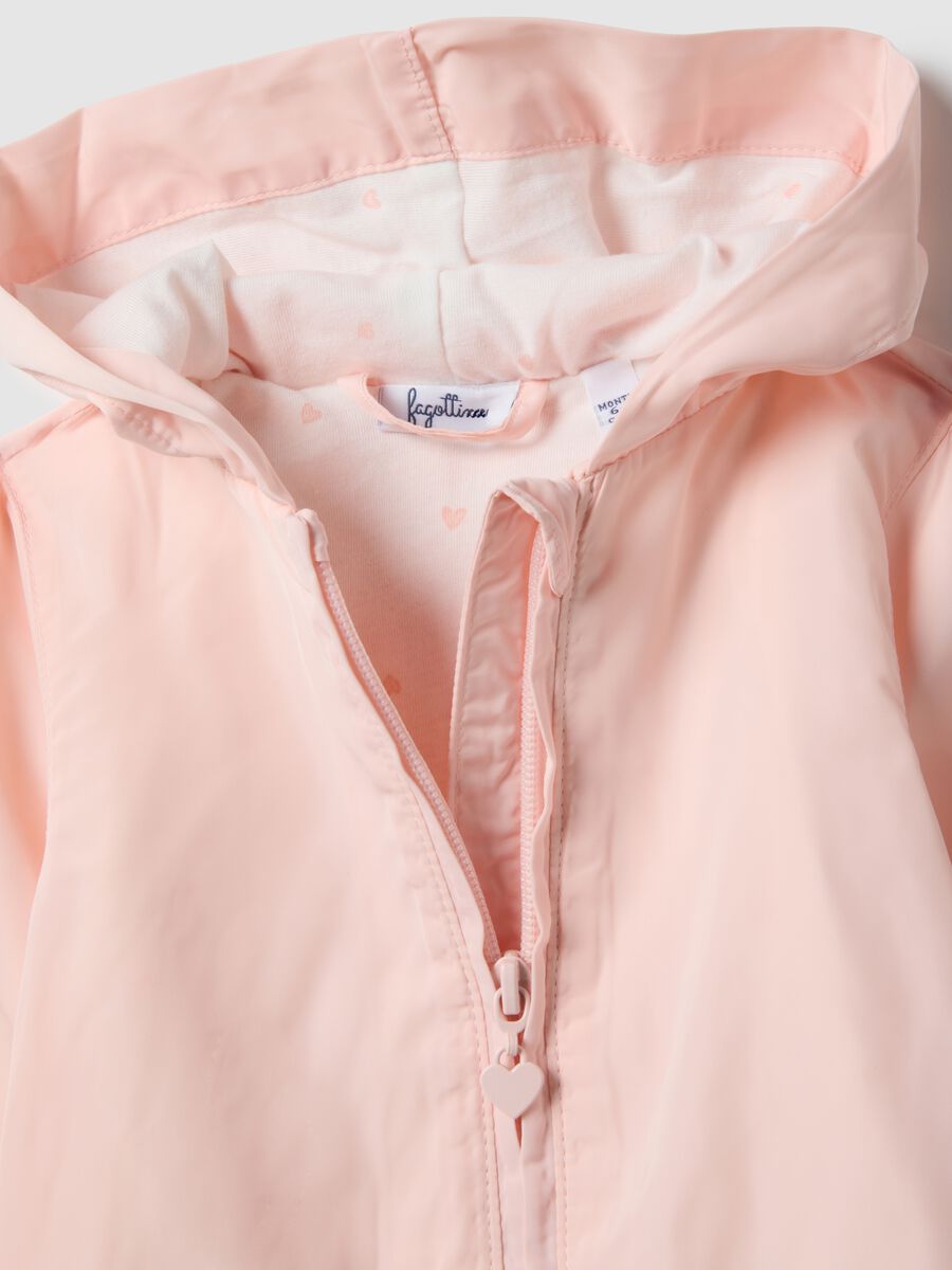 Pink waterproof regular fit jacket with hood for baby girl_2