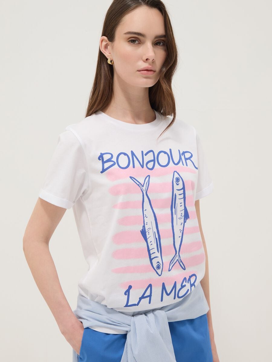 White pure cotton T-shirt with front print, regular fit_1