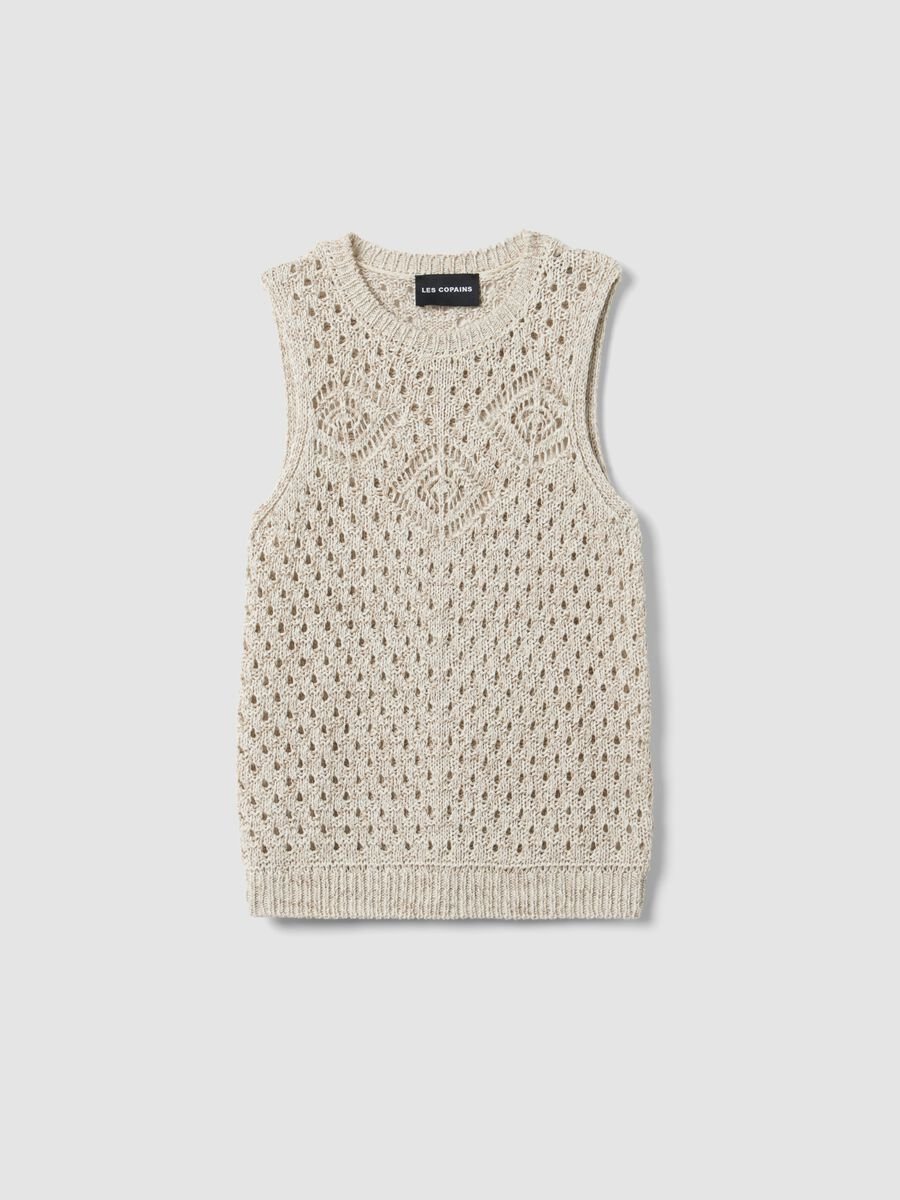 Beige, tailliertes Baumwollgemisch-Netzgilet_0