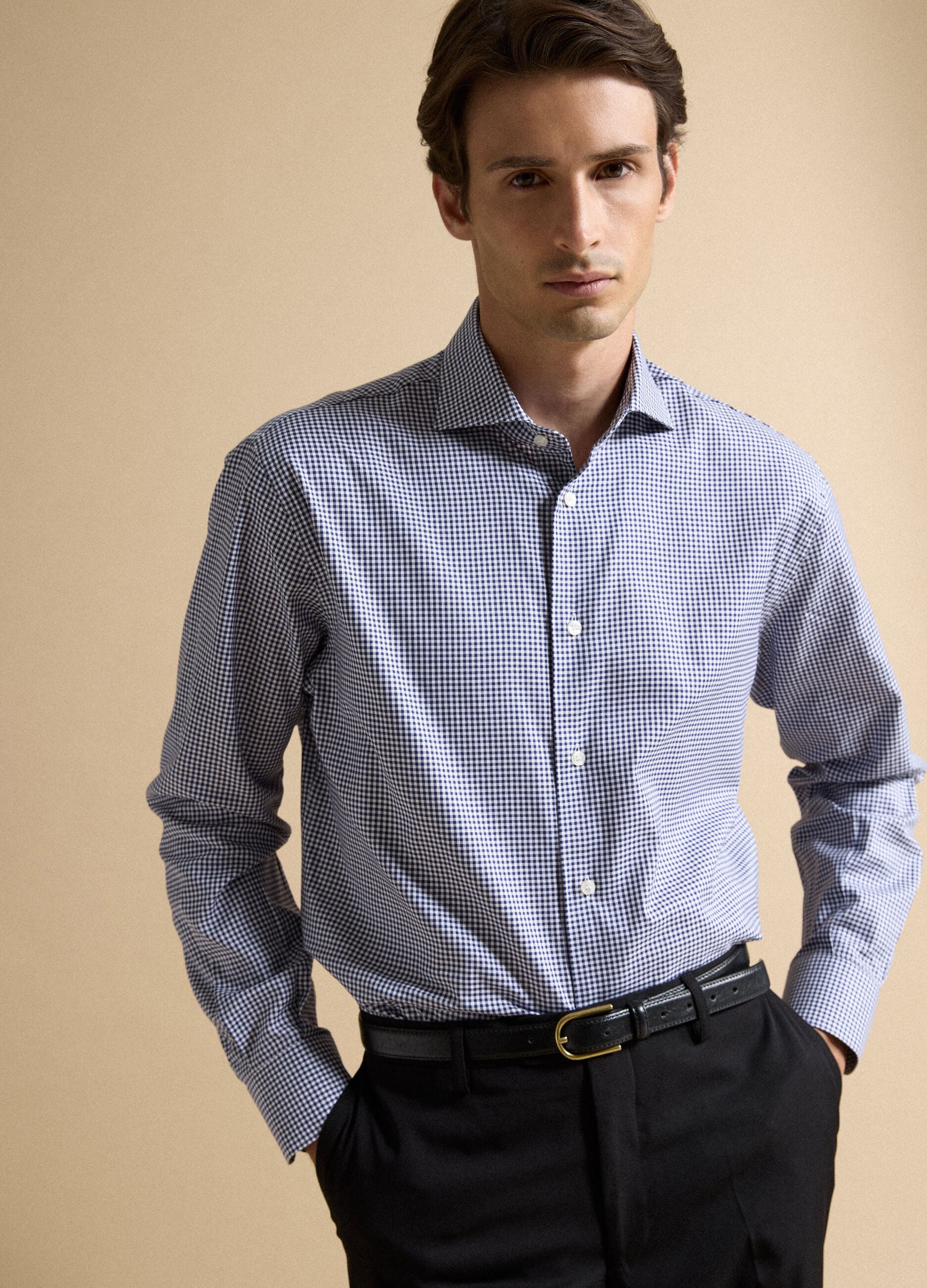 Blue cotton oxford checked shirt, regular fit