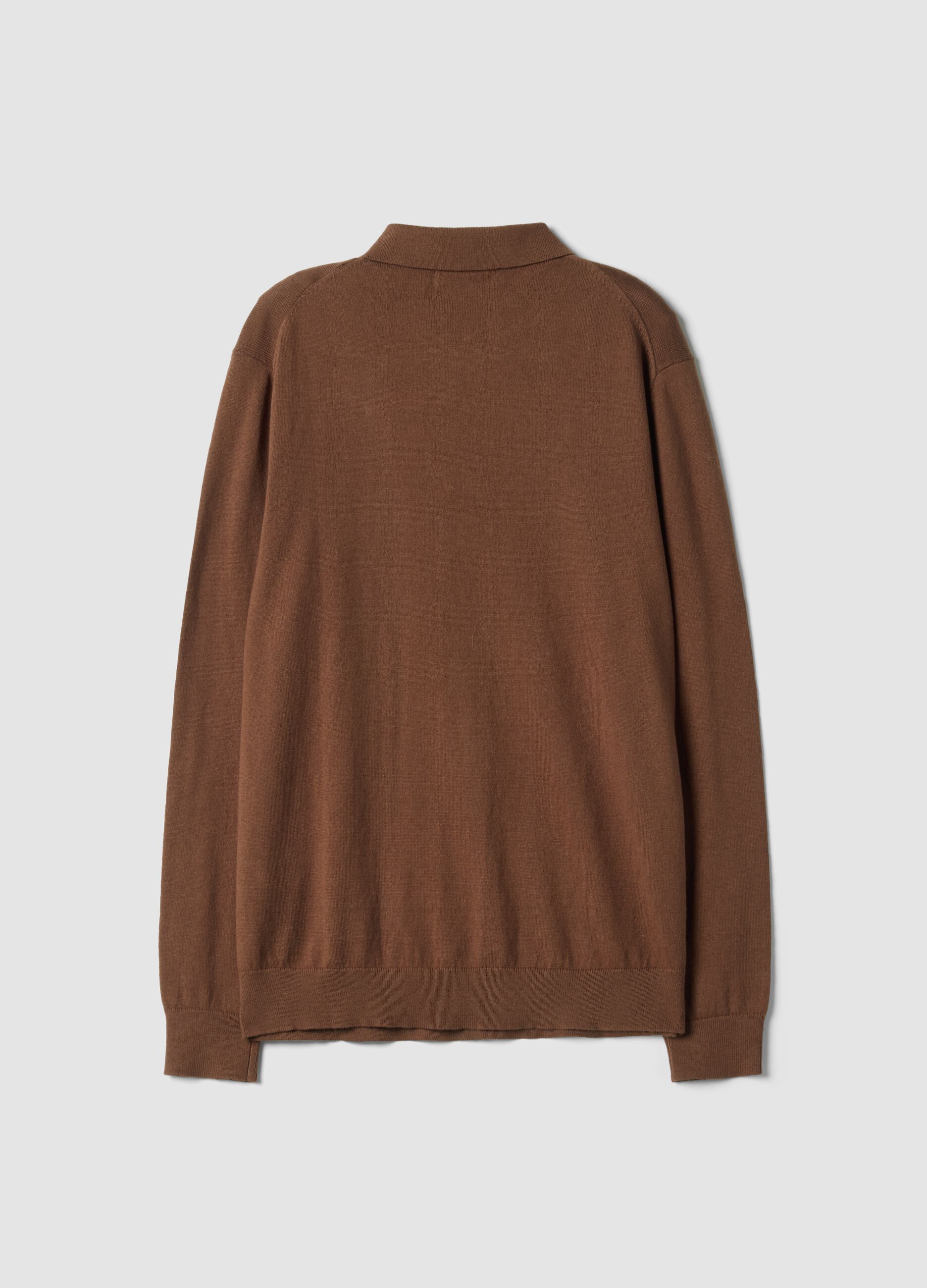 Brown long-sleeve regular-fit cotton and cashmere-blend polo shirt