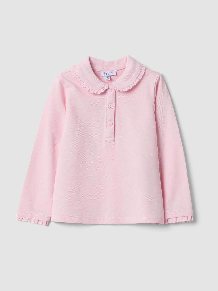 Pink long-sleeve organic cotton polo shirt, regular fit, for baby girl_0