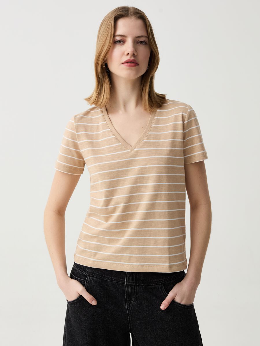 Essential mélange striped T-shirt with V neck_0
