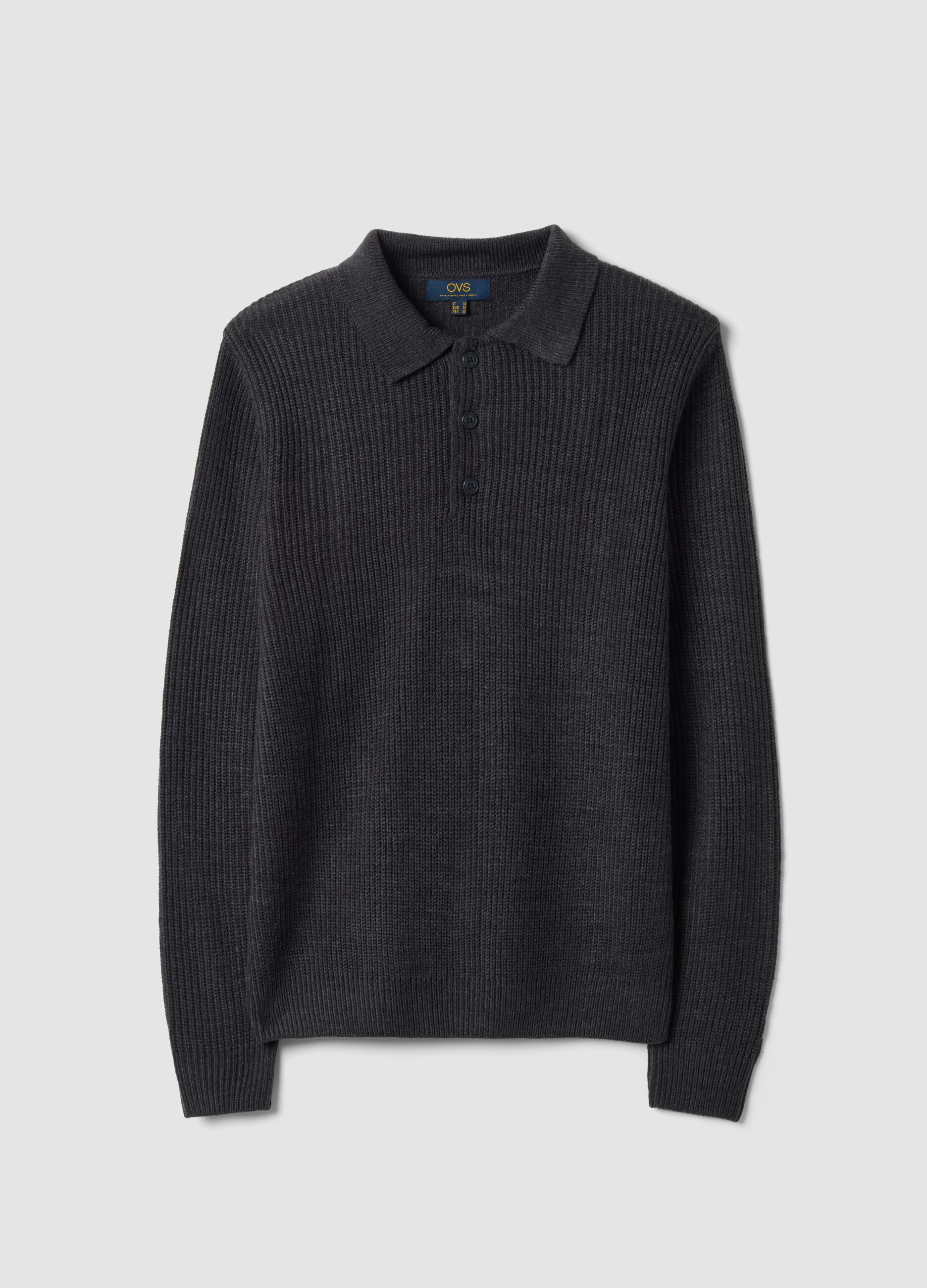 Blue ribbed long-sleeve polo shirt