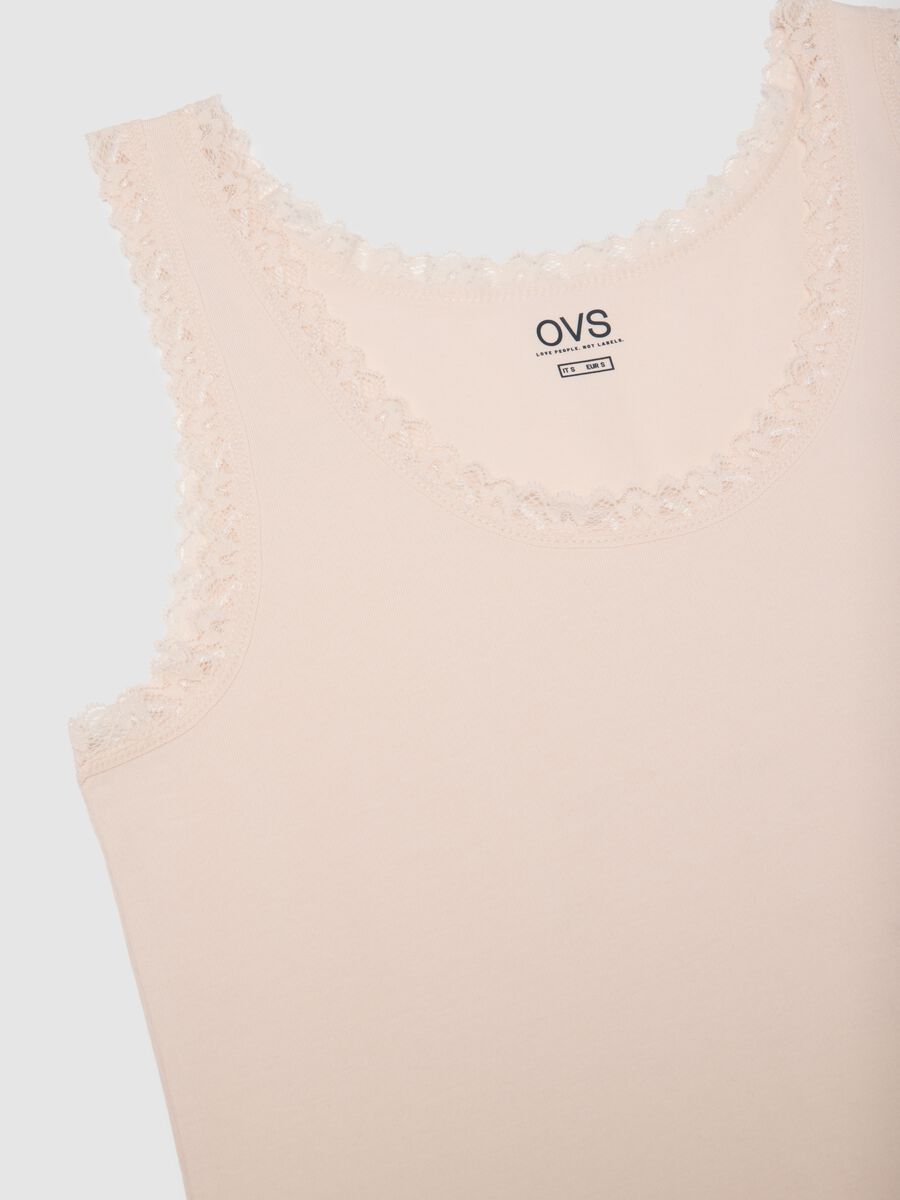 Beige regular fit stretch cotton vest with lace trim_1