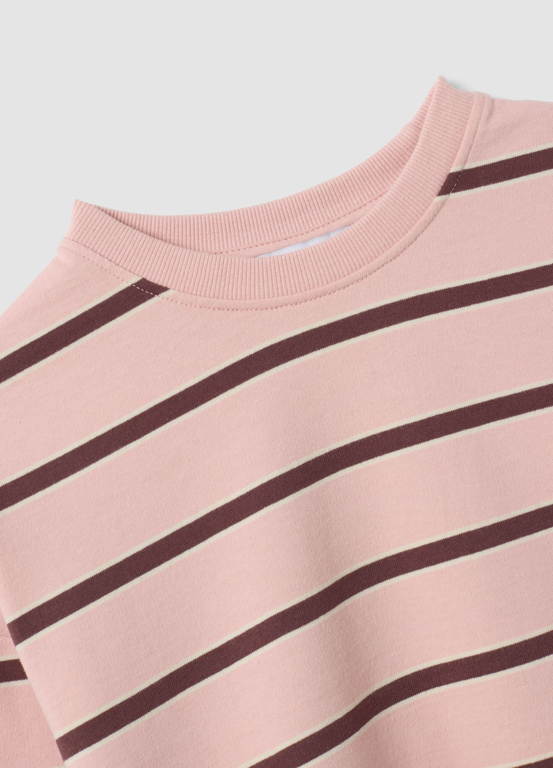 Pink pure cotton striped sweatshirt with crew neck, relaxed fit