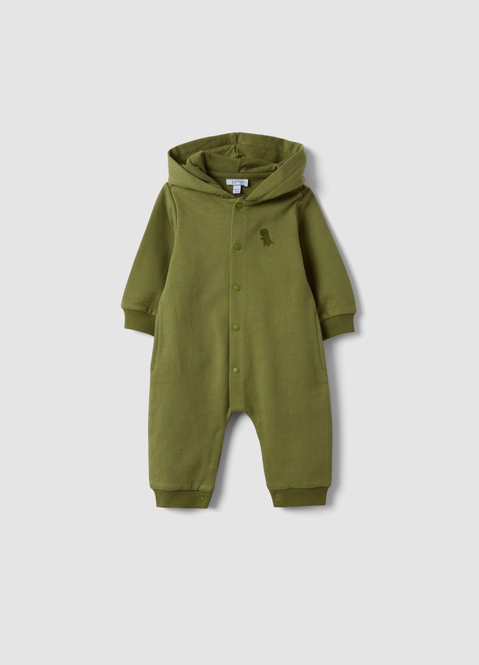 Green dinosaur hooded babygrow in pure organic cotton
