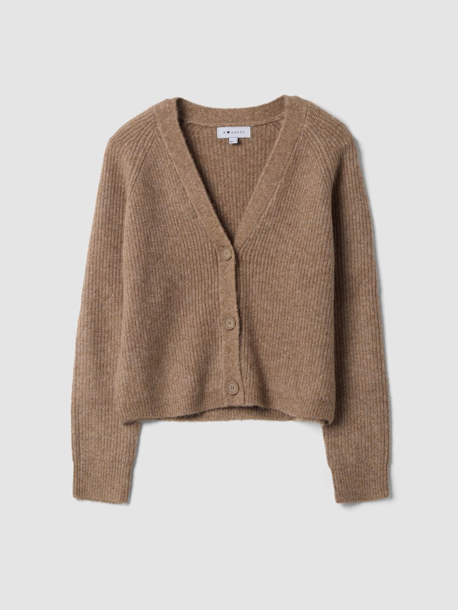Brauner Oversize-Cardigan aus Stretchwolle mit tiefem V-Ausschnitt_0