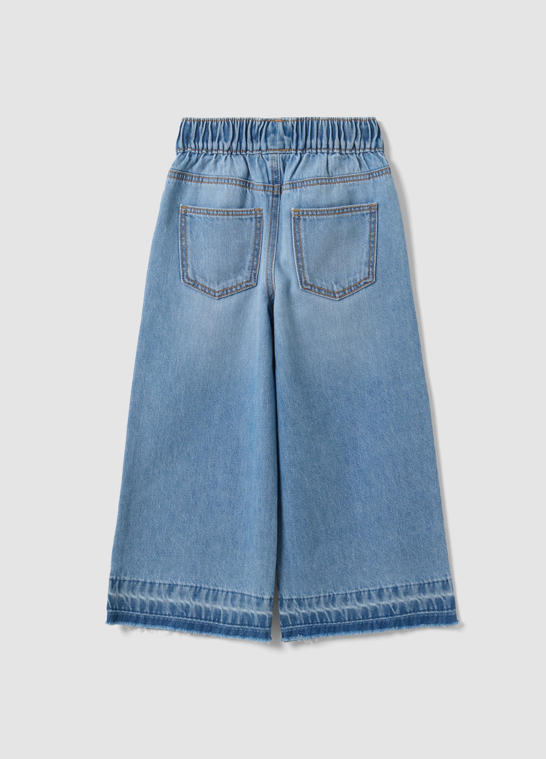 Light Blue Wide-Leg 100% Cotton Jeans with Elasticated Waistband for Girls