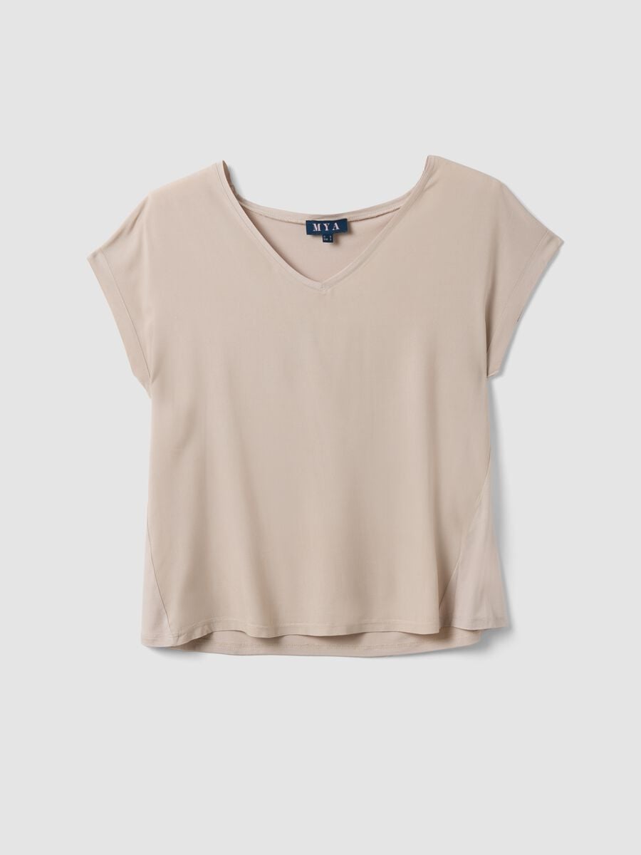 Beige pure viscose V-neck T-shirt, regular fit_0