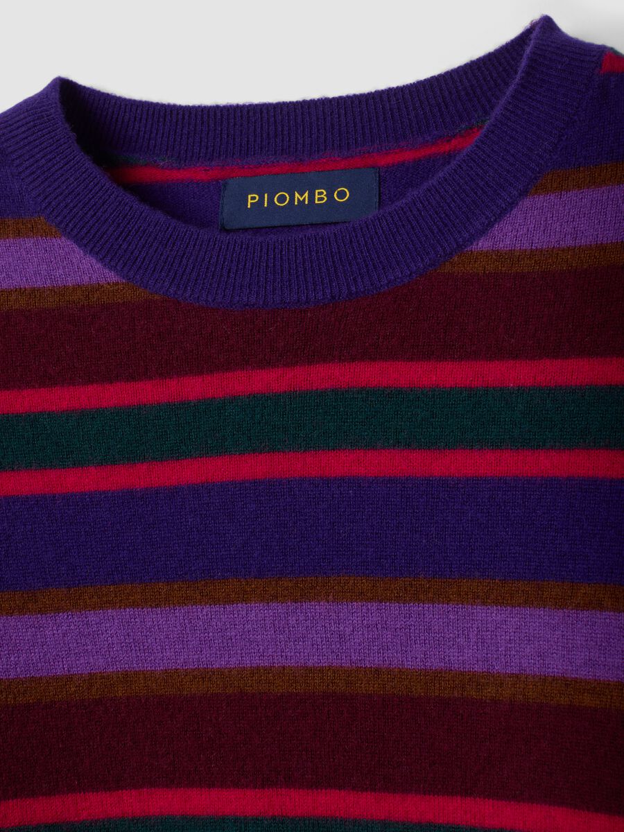 Maglia girocollo in pura lana viola scuro a righe colorate regular fit_2