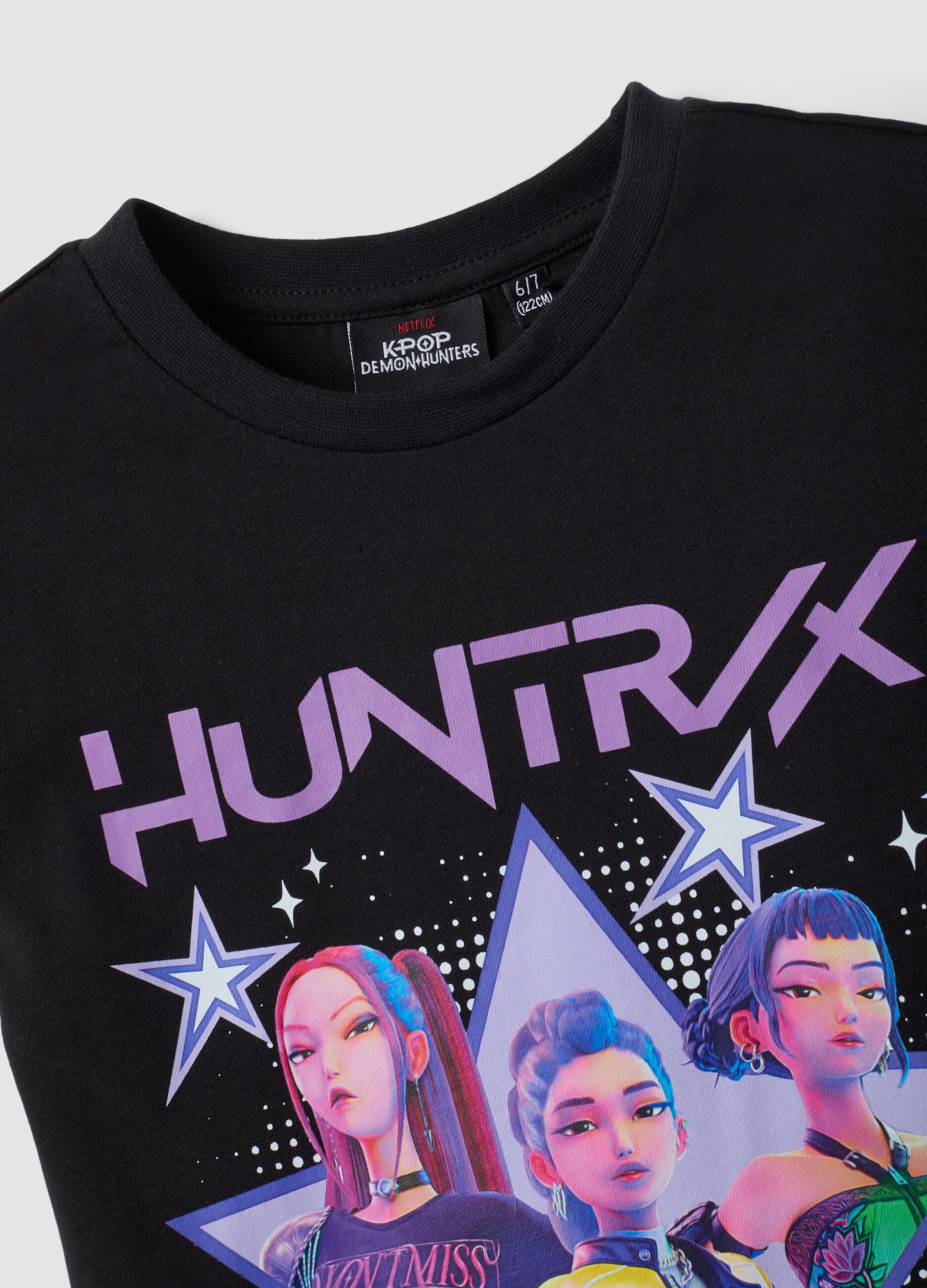 Schwarzes T-Shirt aus reiner Baumwolle mit K-Pop Demon Hunters Print f&uuml;r M&auml;dchen
