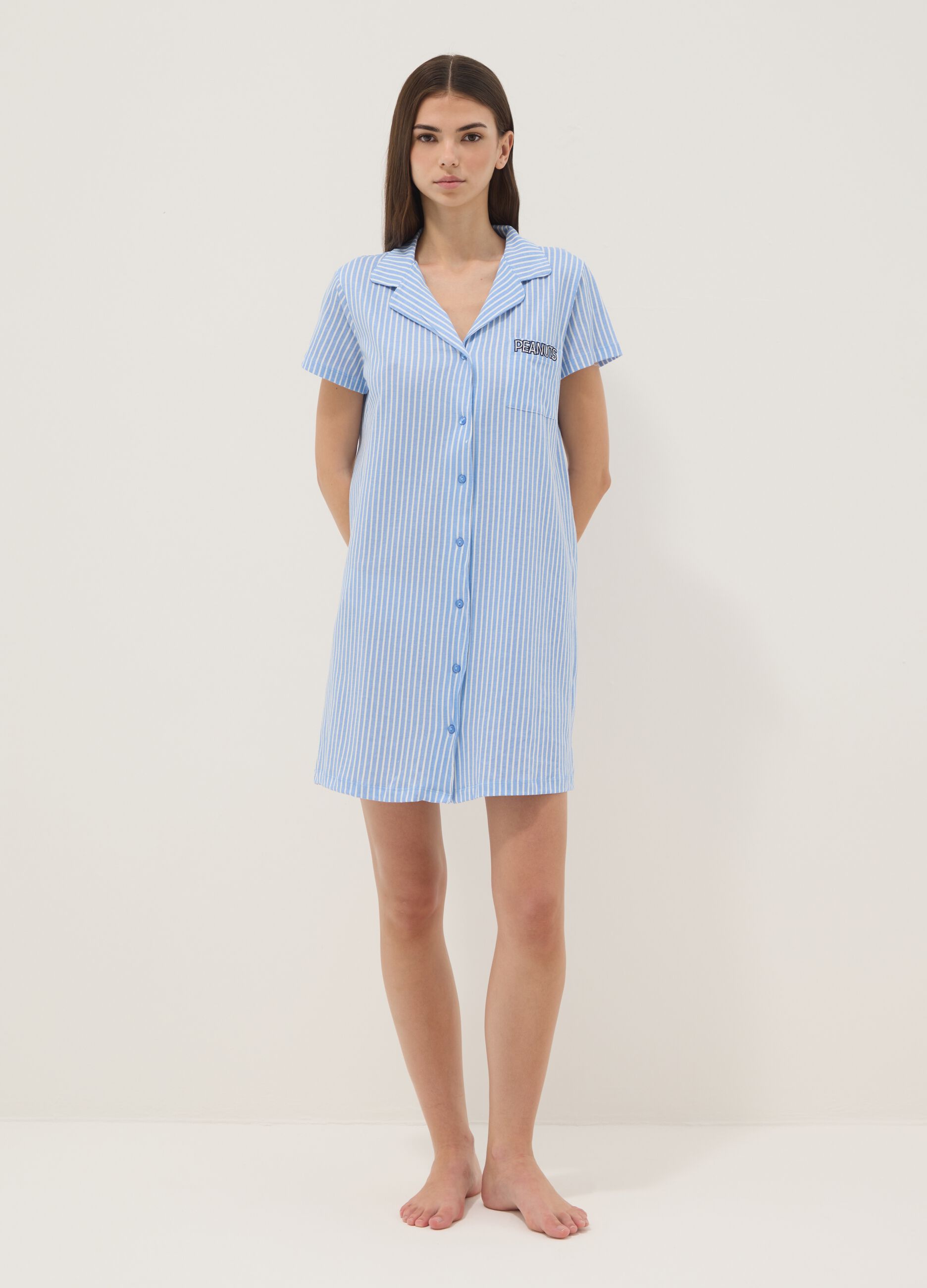 Blue striped pure cotton nightshirt with V-neck
