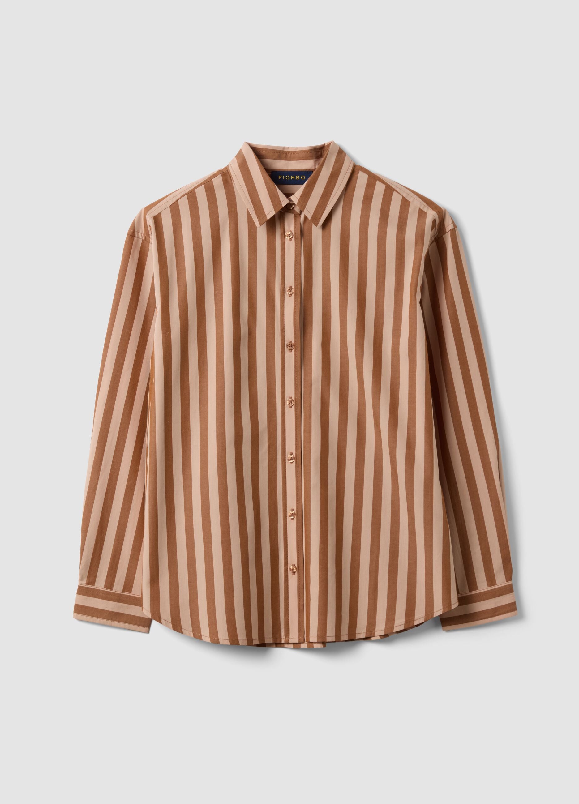 Camicia marrone a righe in popeline di puro cotone regular fit