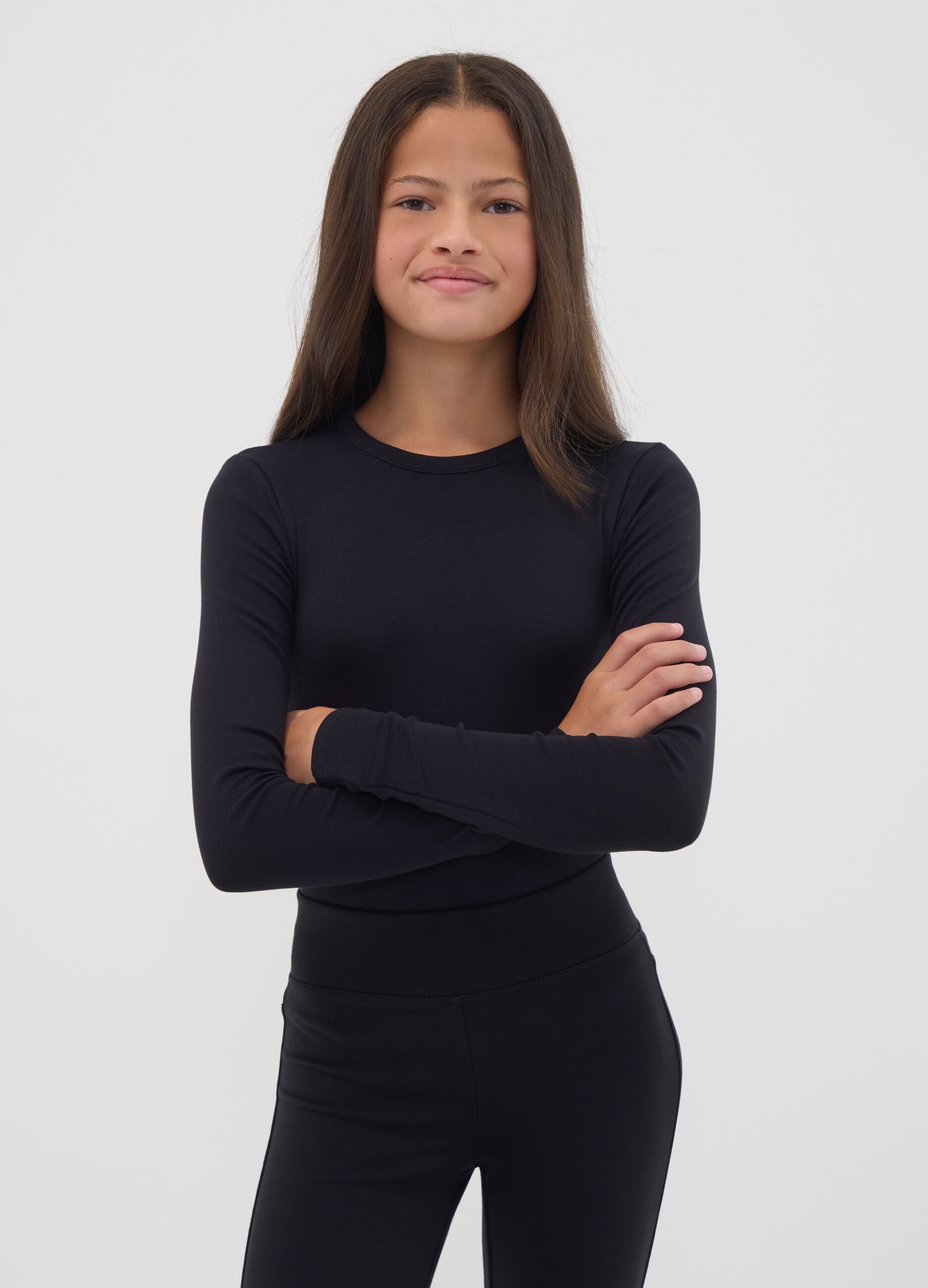 Black fitted stretch-cotton bodysuit with crew neck