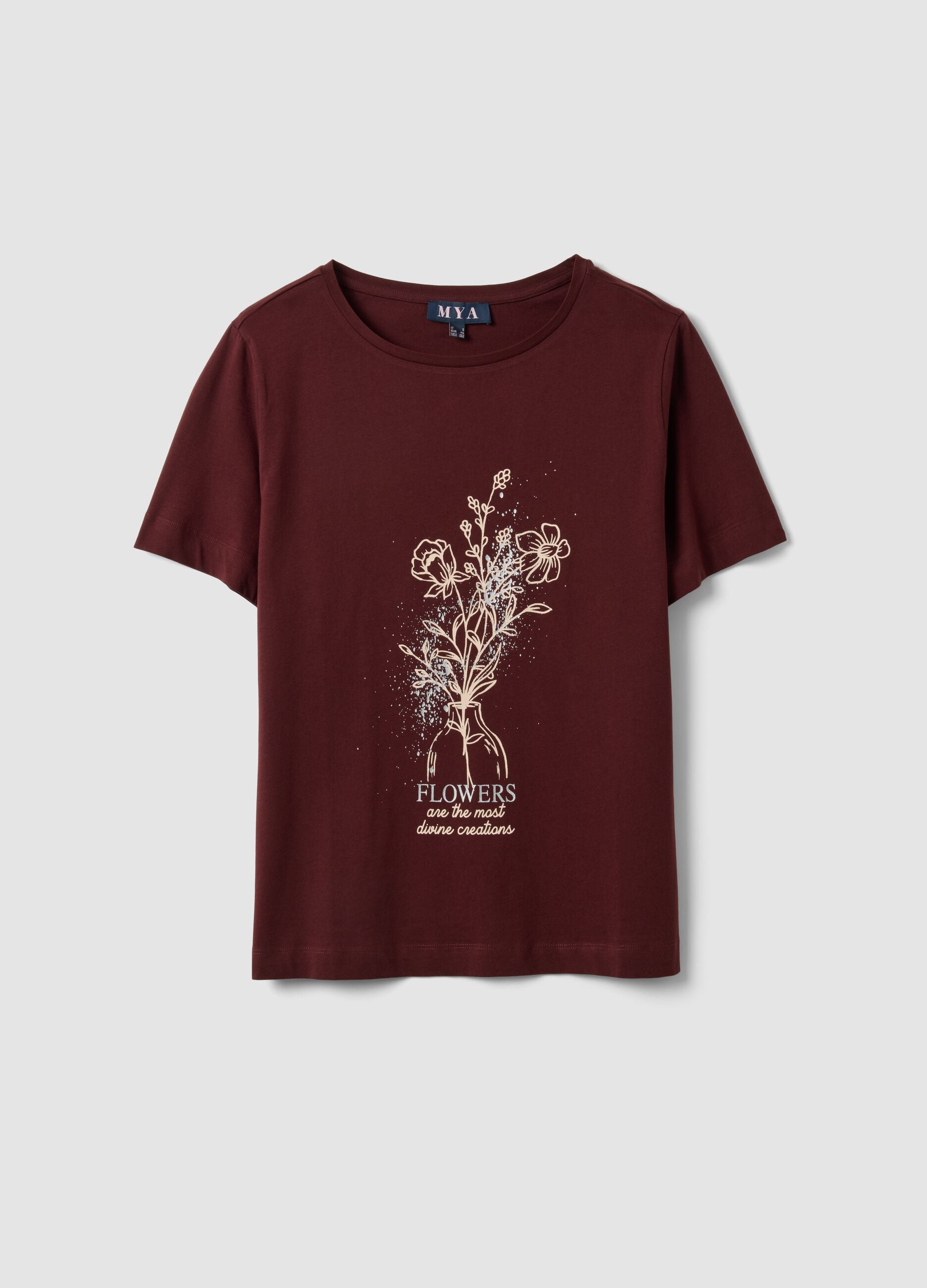 Red pure cotton T-shirt with floral print, regular fit