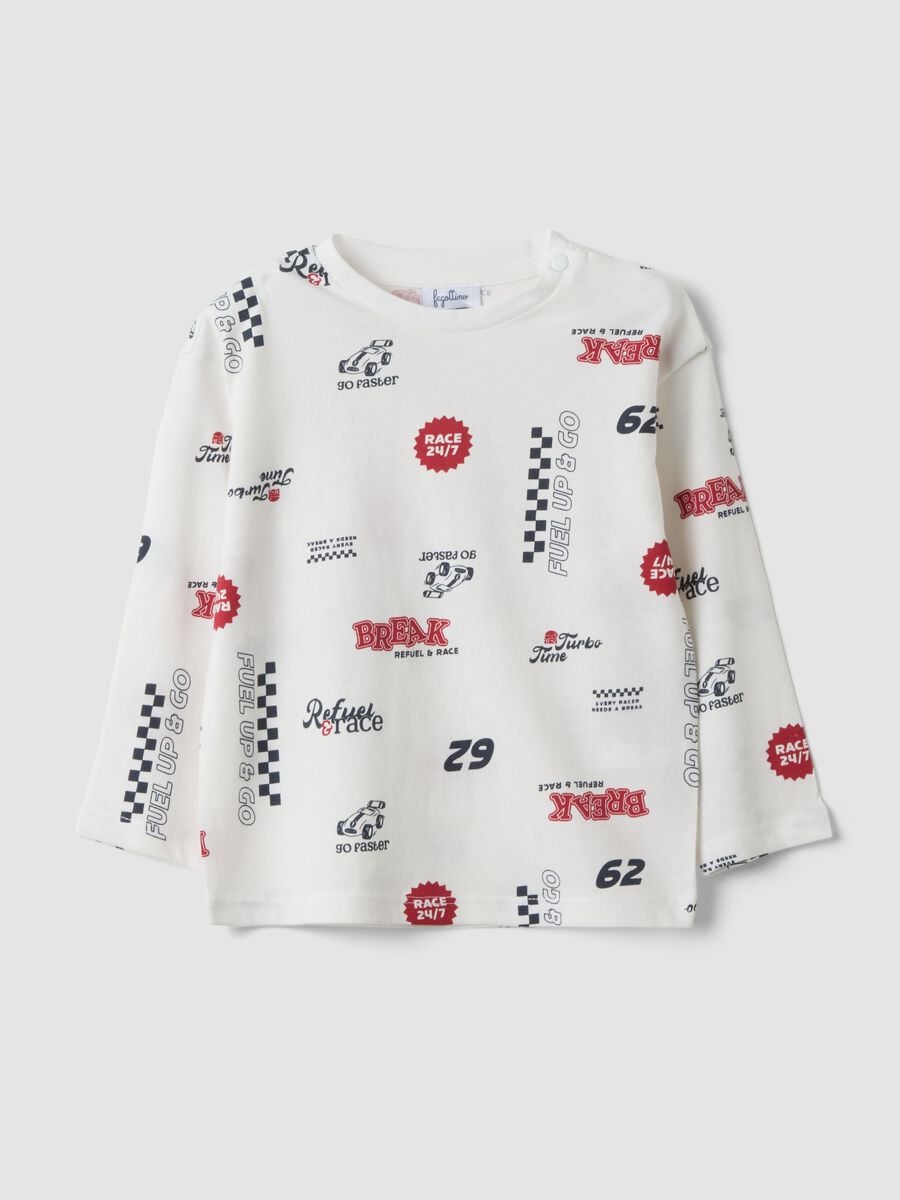 White pure organic cotton racing-print T-shirt for baby boy_0