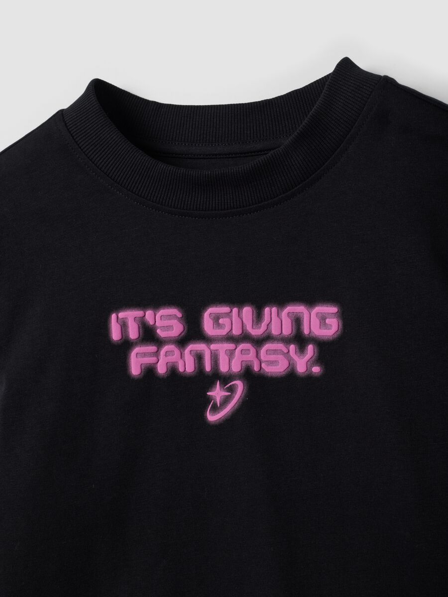 Black pure cotton T-shirt with ribbed crew neck and boxy fit print_4